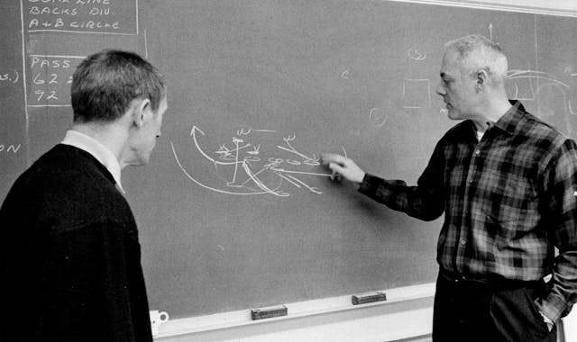 Vikings coach Bud Grant and his offensive coordinator, Jerry Burns, diagrammed a play during the 1968 season.