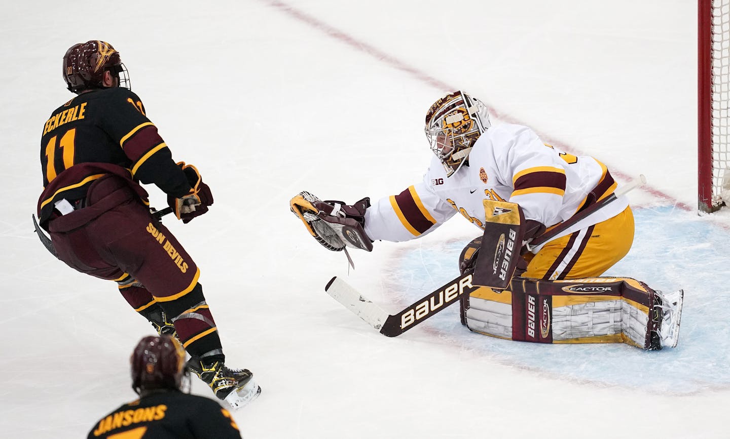 Minnesota goaltender Jared Moe (31) made a glove save off a shot by Arizona State forward Benji Eckerle (11) in the second period. ] ANTHONY SOUFFLE • anthony.souffle@startribune.com