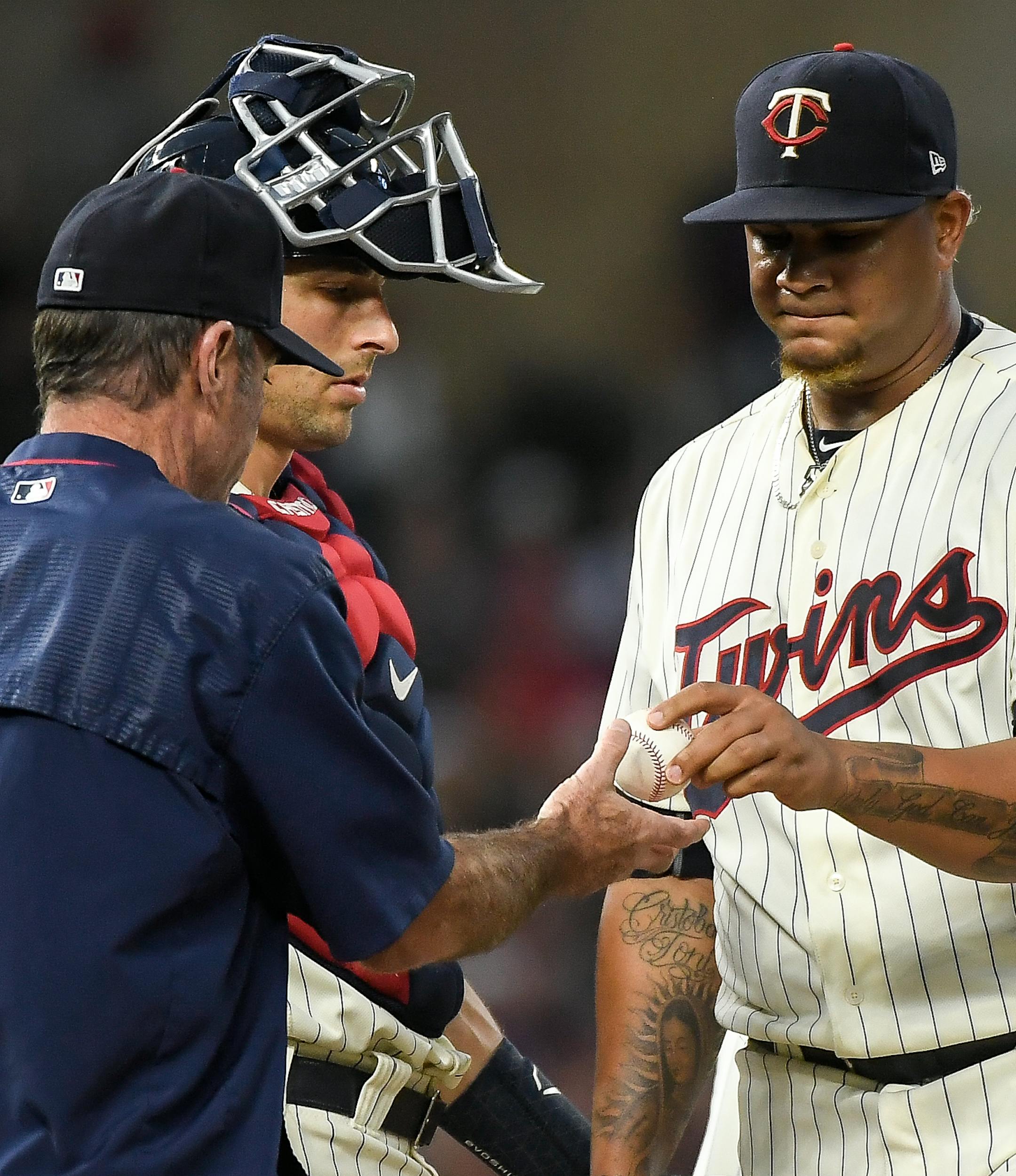 Minnesota Twins starting pitcher Adalberto Mejia (49) handed the ball to manager Paul Molitor in the top of the fourth inning before he was replaced on the mound by Dillon Gee. ] AARON LAVINSKY ï aaron.lavinsky@startribune.com The Minnesota Twins played the Toronto Bluejays on Saturday, Sept. 16, 2017 at Target Field in Minneapolis, Minn.