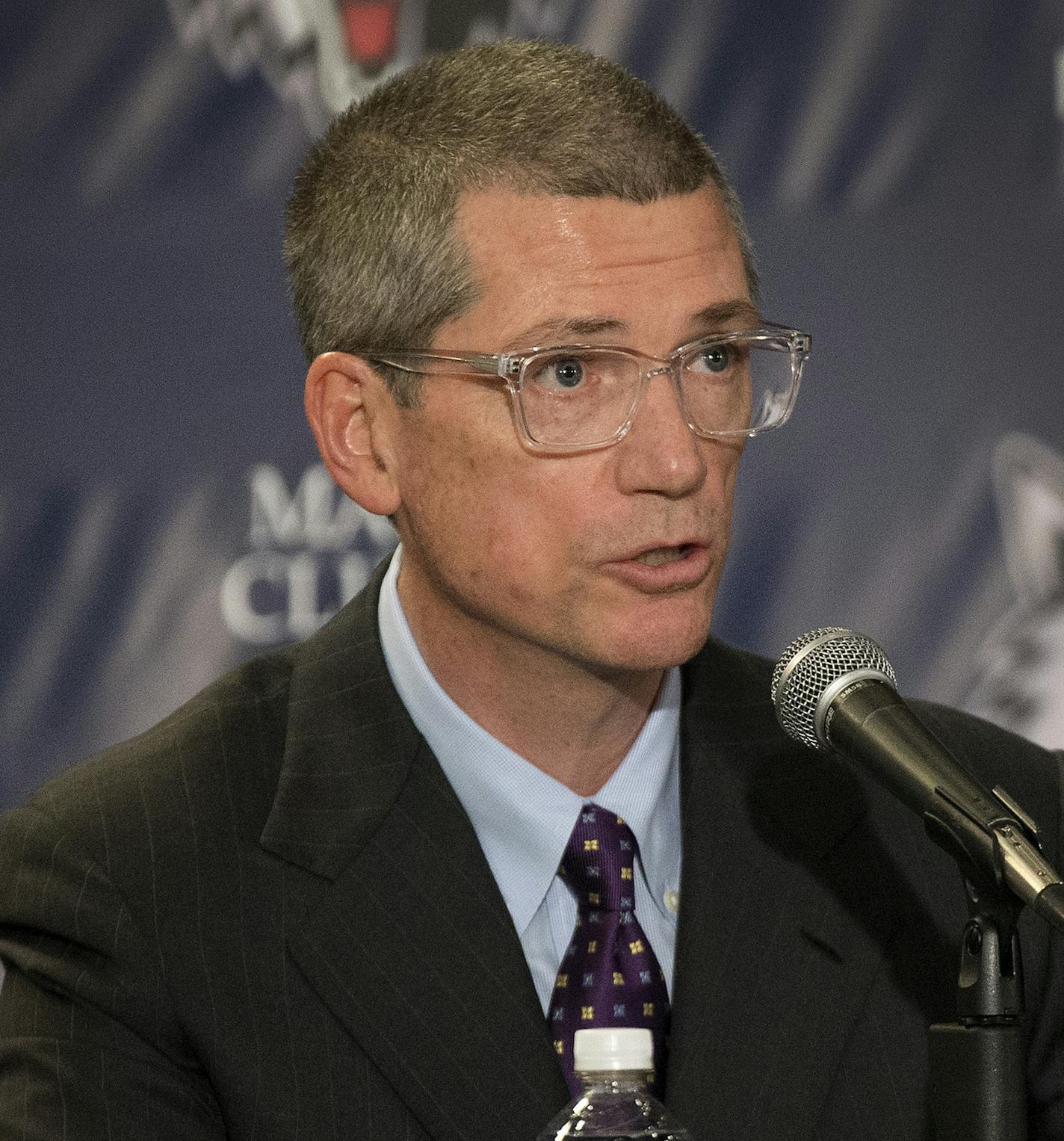 Minnesota Timberwolves new General Manager Scott Layden during a press conference at Target Center. ] CARLOS GONZALEZ cgonzalez@startribune.com - April 26, 2016, Minneapolis, MN, Target Center, NBA, Minnesota Timberwolves Press conference to announce Tom Thibodeau as coach General Manager Scott Layden President of Basketball Operations and Head Coach Tom Thibodeau Timberwolves Owner Glen Taylor