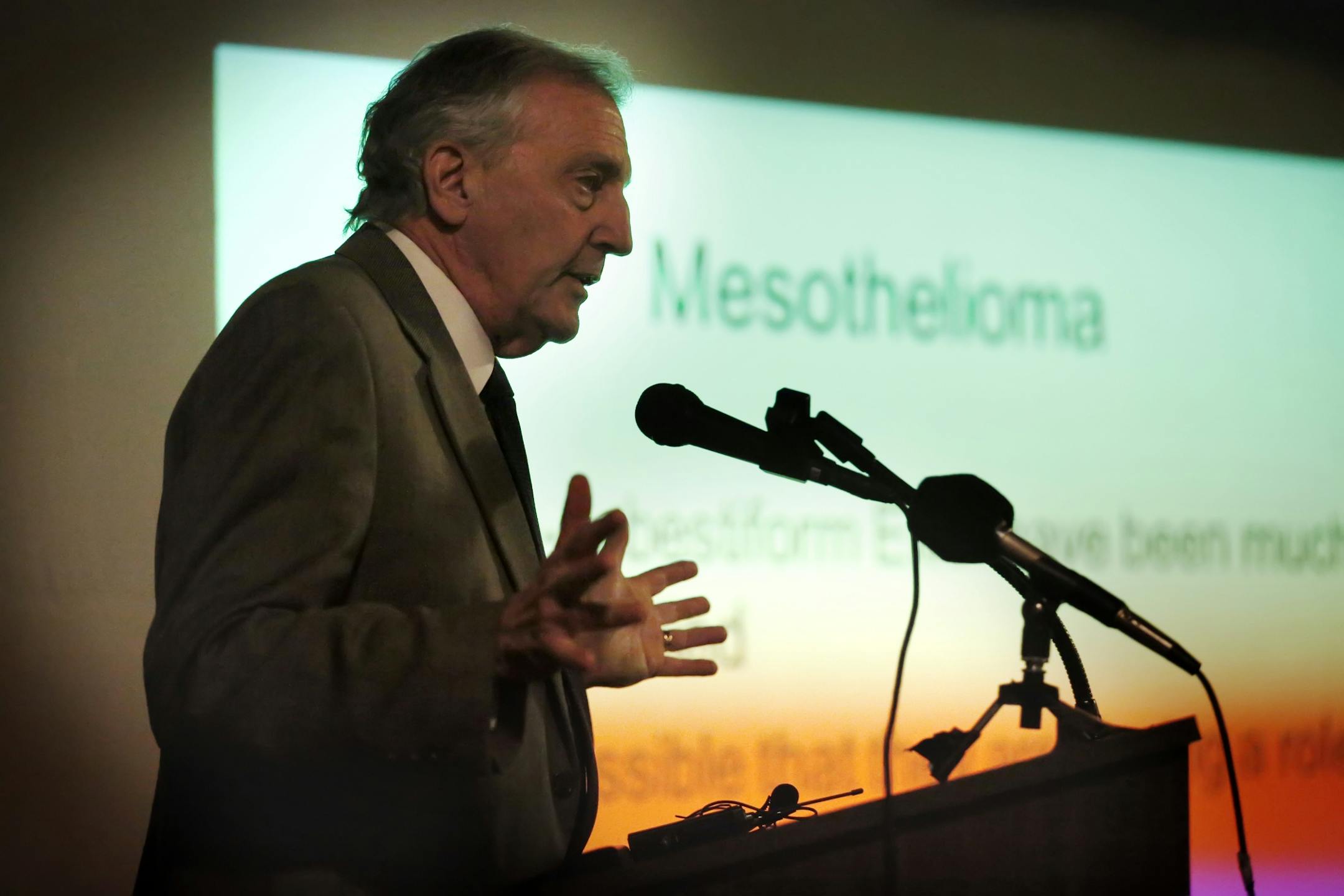 Dr. Jeffrey Mandel, a University of Minnesota physician and epidemiologist and principal investigator presents the final report to a crowd gathered at the Hibbing Memorial Building Monday evening.