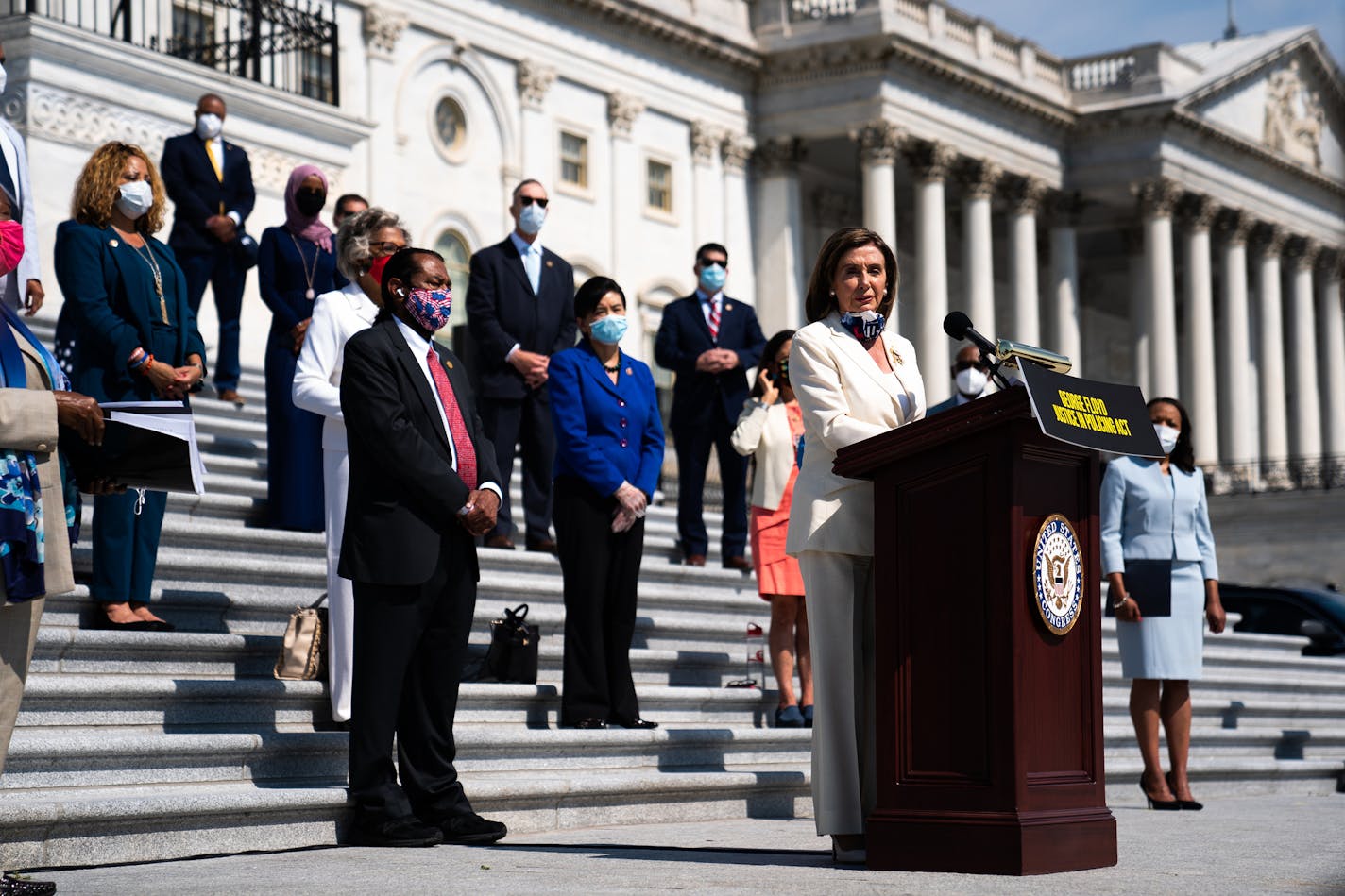 House Speak­er Nancy Pelosi (D-Calif.) speaks at an event with House Democrats ahead of the vote for George Floyd Justice in Policing Act of 2020, at the Capitol Hill in Washington, on Thursday, June 25, 2020. The House on Thursday passed an expansive policing overhaul bill aimed at combating racial discrimination and excessive use of force in law enforcement, as Democrats sought to respond to a nationwide outcry for racial justice and pushed through legislation that is doomed in the Republican-