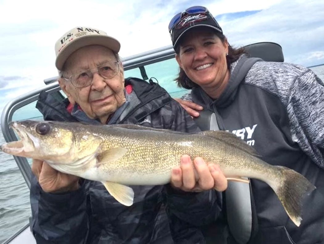 Nancy Koep, a member of the Minnesota Fishing Hall of Fame, coached the Glenwood area prep fishing team for many years and also guided clients, including this 91-year-old WW II veteran.