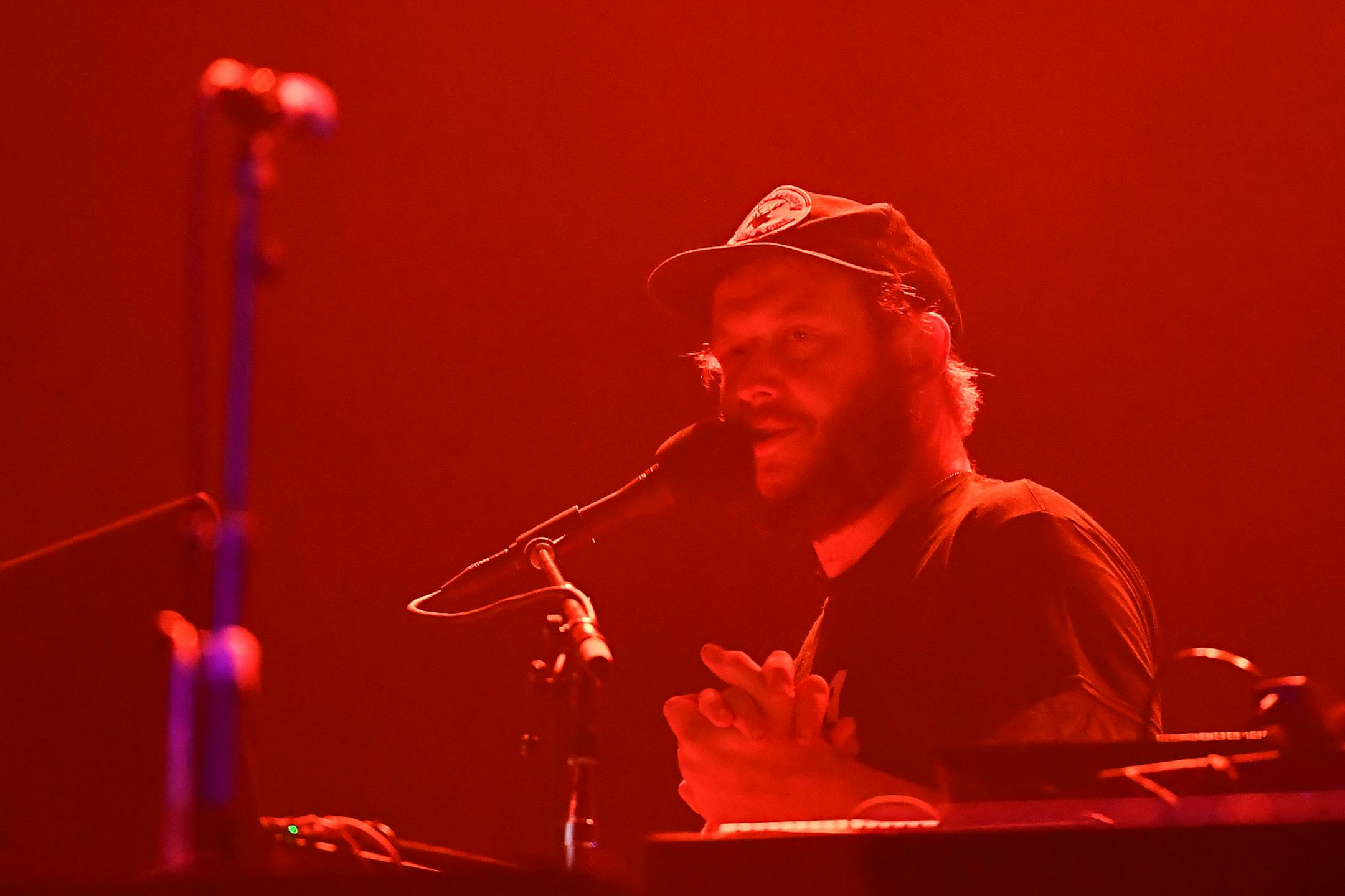 Justin Vernon spoke to the audience Saturday night during the PEOPLE Mix Tape set on the Lake Eaux Lune stage. ] AARON LAVINSKY ï aaron.lavinsky@startribune.com Day two of the Eaux Claires Music & Art Festival was held Saturday, July 7, 2018 at Foster Farms in Eau Claire, Wisc.