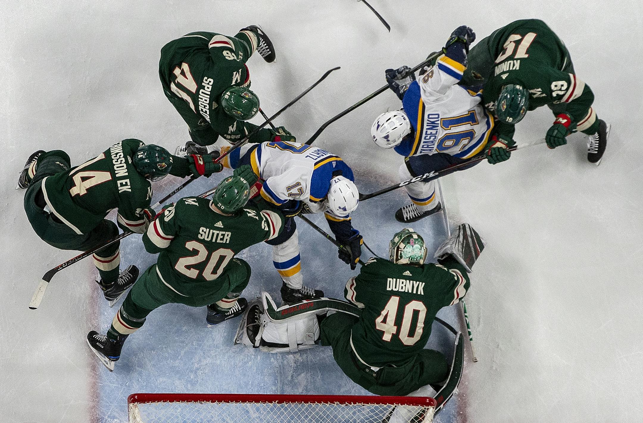 Wild goalie Devan Dubnyk made a save in the second period.