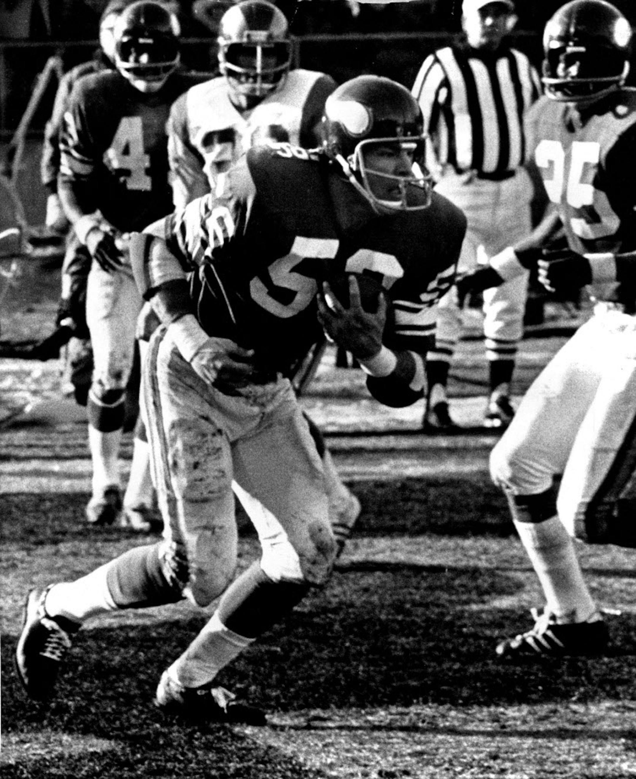 December 30, 1974 Wally Hilgenberg (58) picked off a Los Angeles pass in the Vikings end zone that had been intended for Lance Rentzel (19). Hilgenberg's interception came after Jackie Wallace (25) below, had tipped the ball. December 29, 1974 Kent Kobersteen, Minneapolis Star Tribune