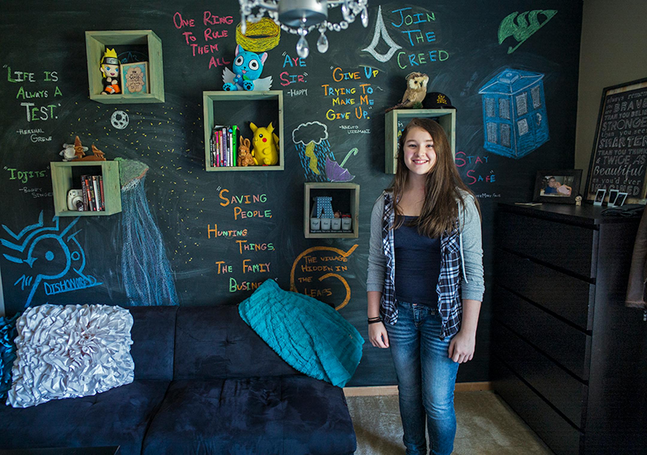 Abigail designed her room by herself. Her mother, who has a background in interior design, helped rearrange the furnishings based on feng shui principles.
