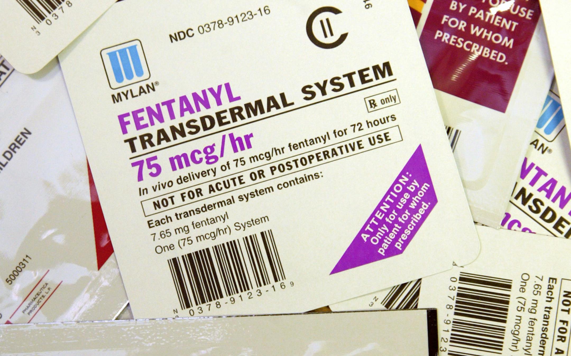 Fentanyl patches, marked with warnings about non-precribed uses. Fentanyl is a narcotic that is typically administered to people in chronic pain, including end-stage cancer patients. It is also used as an anesthetic. It is considered 80 times more powerful than morphine and can kill by inhibiting breathing.