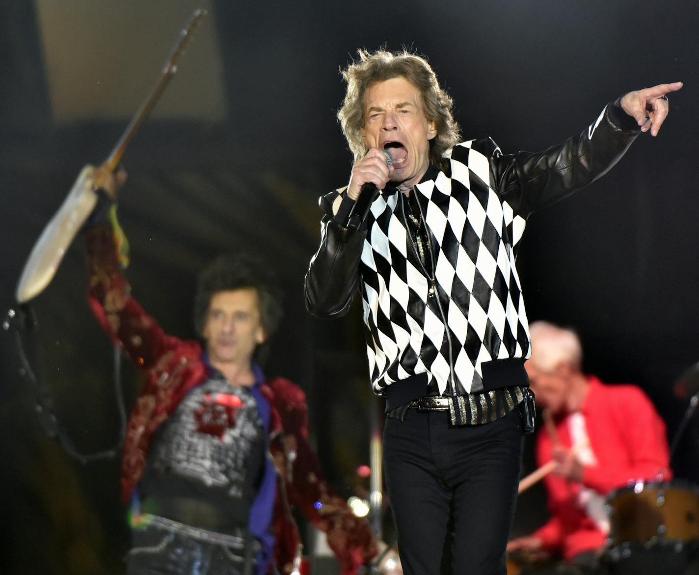 Ron Wood, left, and Mick Jagger, of the Rolling Stones perform during the "No Filter" tour at Soldier Field on Friday, June 21, 2019, in Chicago. (Photo by Rob Grabowski/Invision/AP)