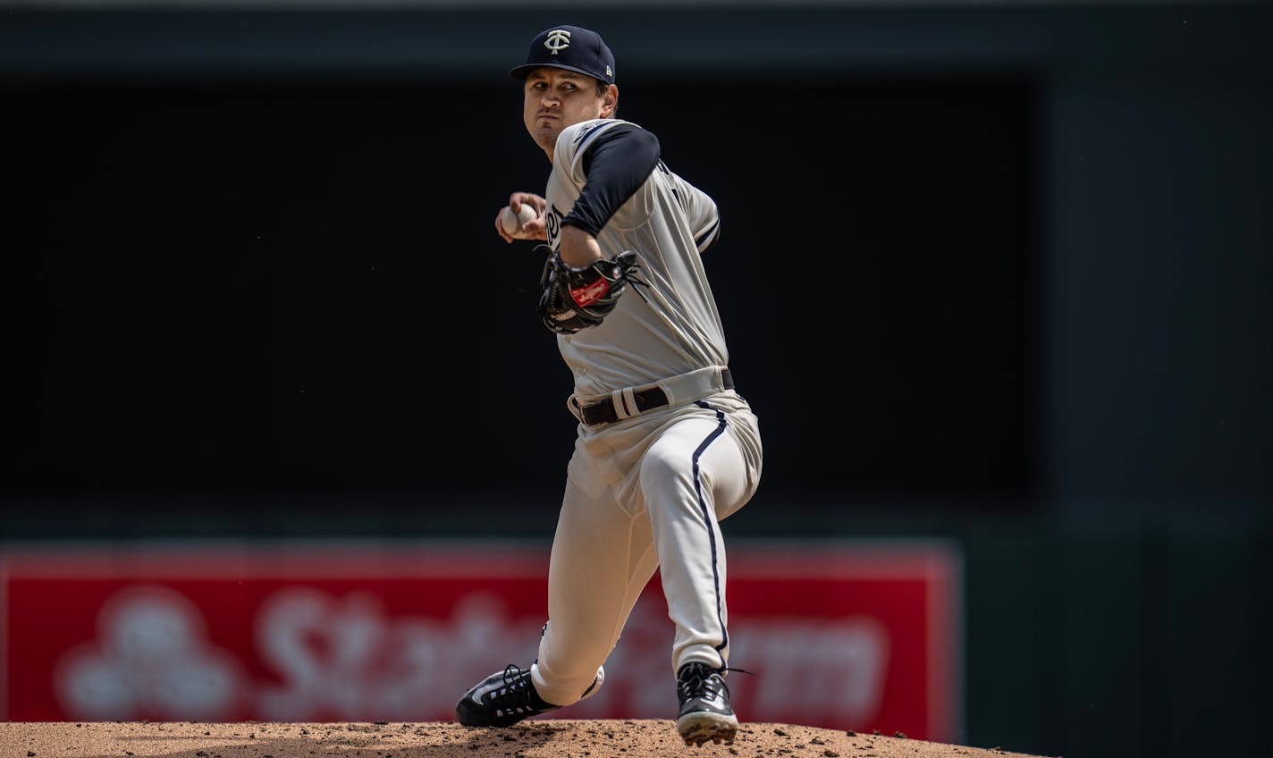 Minnesota Twins pitcher Tyler Hahle threw a pitch in the first inning Sunday April 9,2023 in Minneapolis, Minn.] JERRY HOLT • jerry.holt@startribune.come