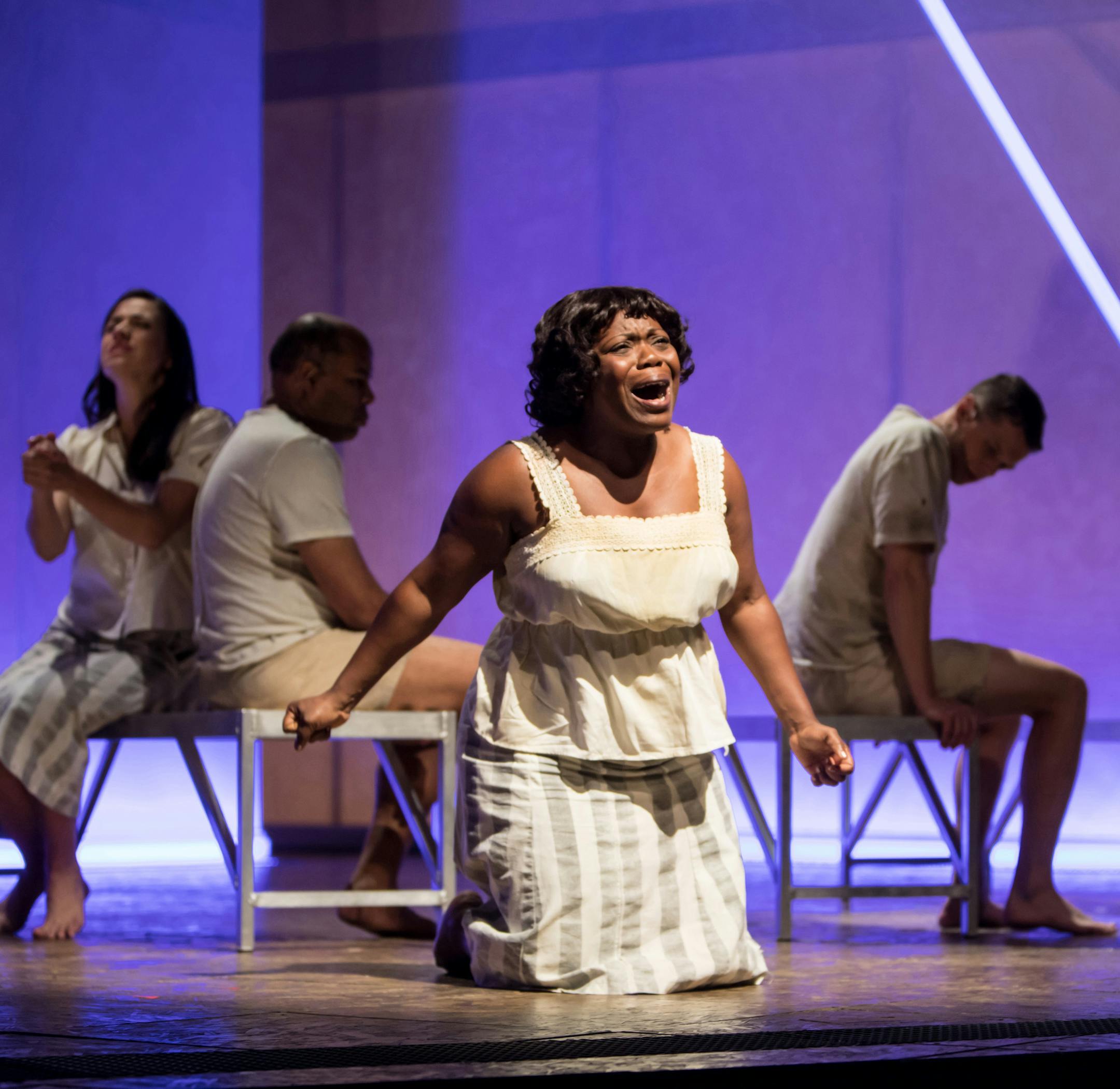 Zonya Love (Actor 5- Pearl / L.Collins / Jimmy McDonald / Jessie Harris) and the cast of the Guthrie Theater's The Parchman Hour, written by Mike Wiley and directed by Patricia McGregor. Scenic design by Clint Ramos, costume design by Katherine O'Neill, lighting design by Jiyoun Chang. October 1 - November 6, 2016 on the McGuire Proscenium Stage at the Guthrie Theater, Minneapolis. Photo by Dan Norman.