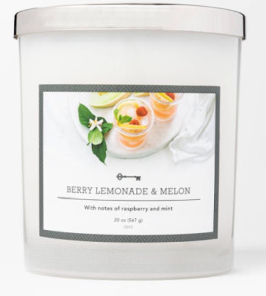 Close-up of Target Threshold candle in jar in Berry Lemonade &amp; Melon scent.