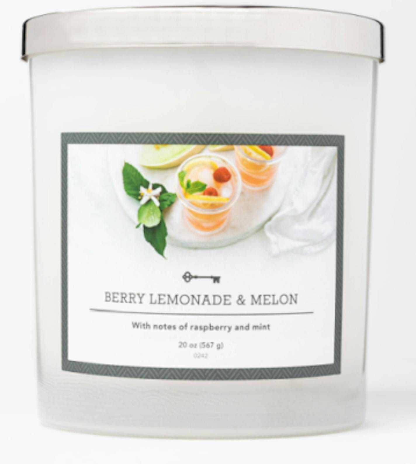 Close-up of Target Threshold candle in jar in Berry Lemonade &amp; Melon scent.