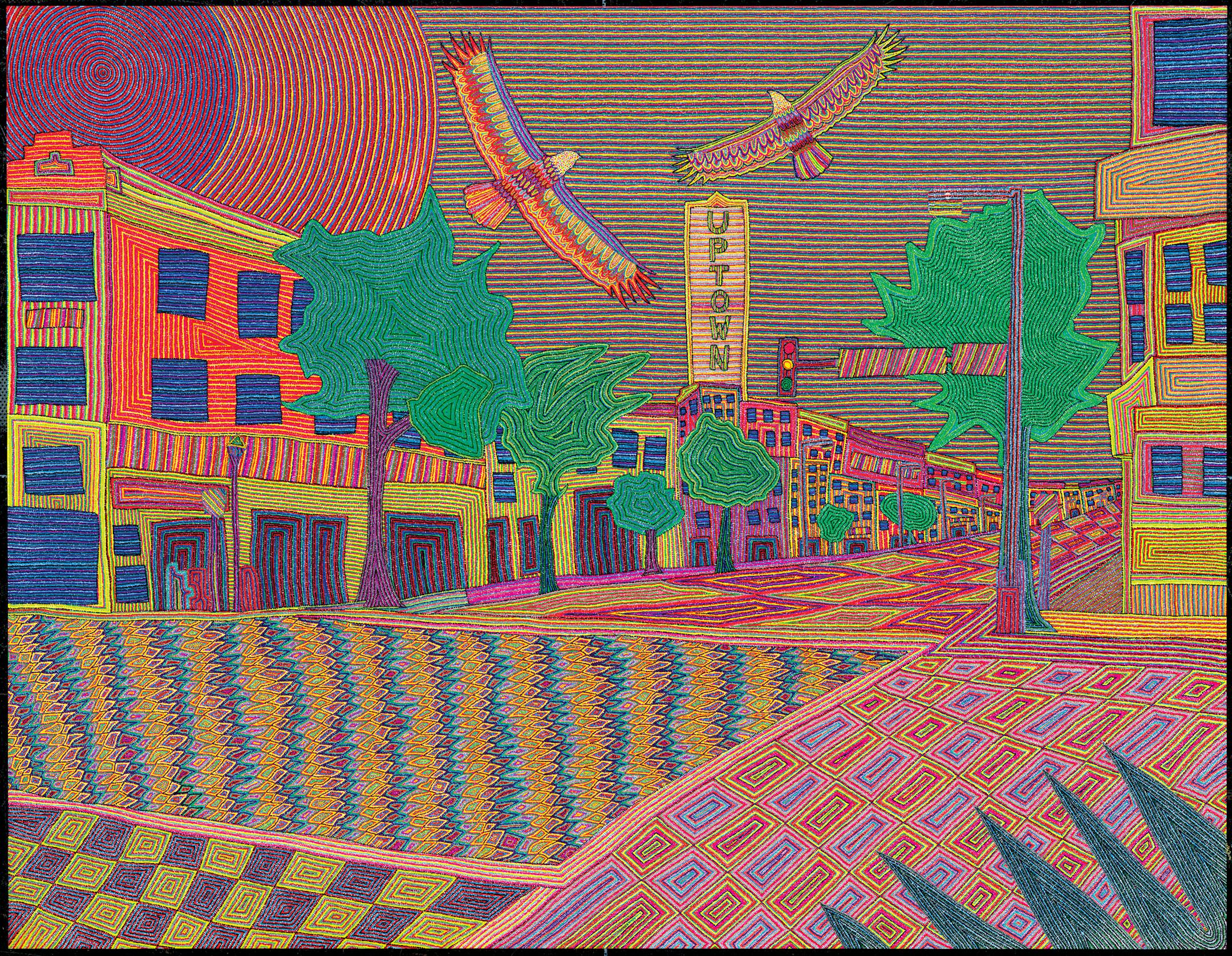 There are 600,000 dots in Brian Delozier’s painting, “Wings Over Uptown,” featured on the 2015 commemorative poster for the Uptown Art Fair.