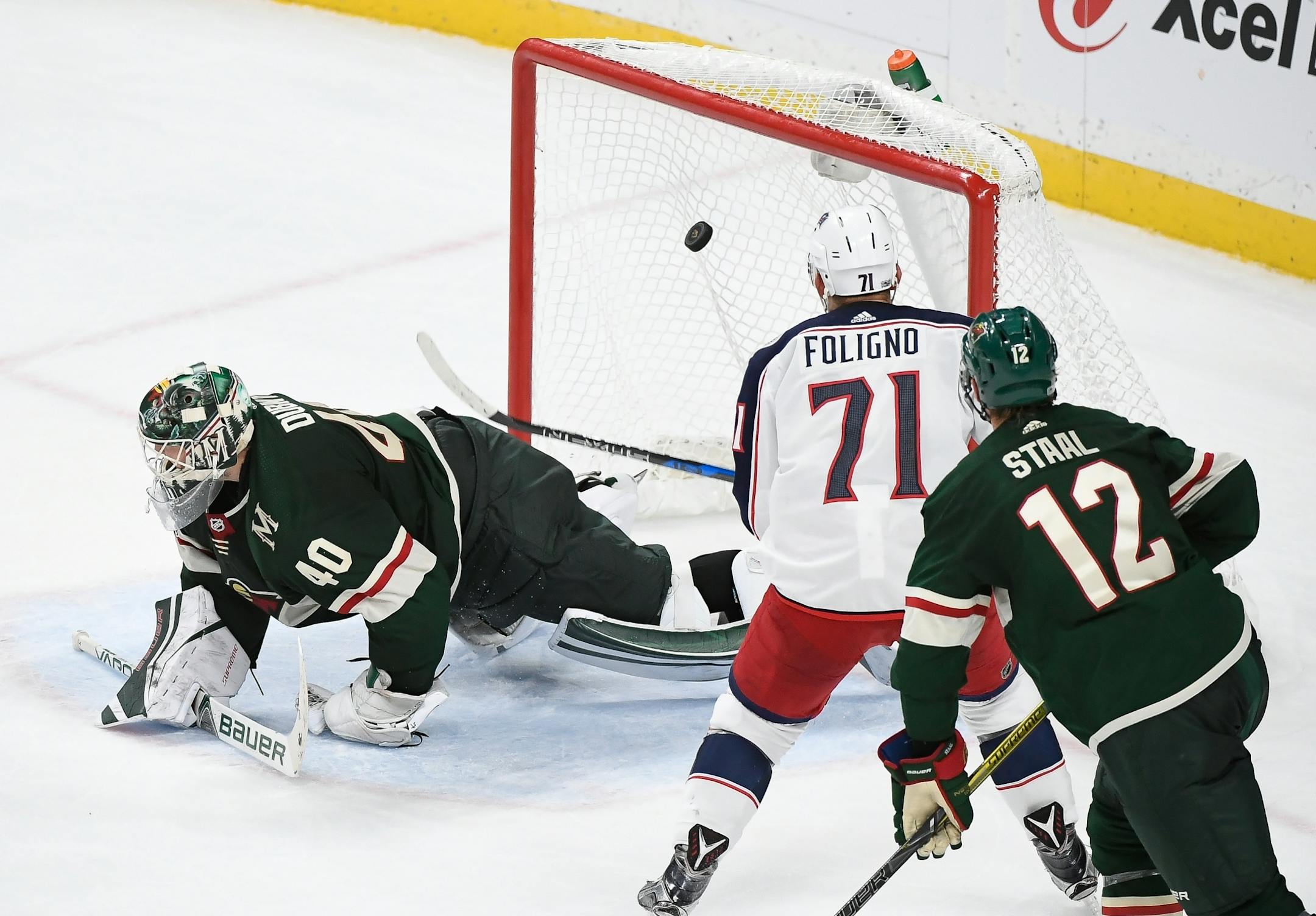 A shot by Columbus Blue Jackets right wing Josh Anderson (77) made it past Minnesota Wild goalie Devan Dubnyk (40) to tie the game late in the third period.