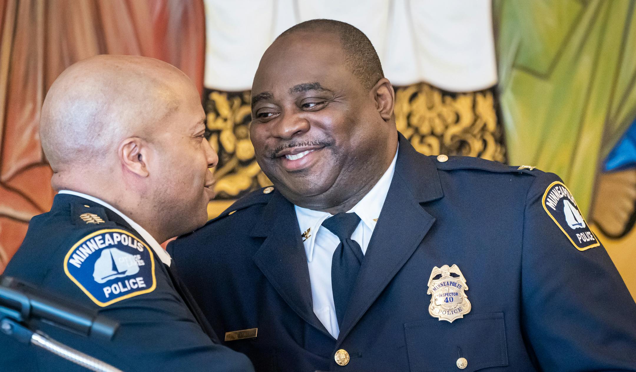 Inspector Kelvin Pulphus received his promotion certificate from Chief Medaria Arradondo. ] GLEN STUBBE • glen.stubbe@startribune.com Monday, June 3, 2019 The 2019 Minneapolis Police Department promotional ceremony was held at St. Mary's Greek Orthodox Church in Minneapolis. Promotions included Deputy Chef Kathy Waite, Inspectors Amelia Huffmann and Kelvin Pulphus and Commander Katie Blackwell along with twelve new Sergeants.