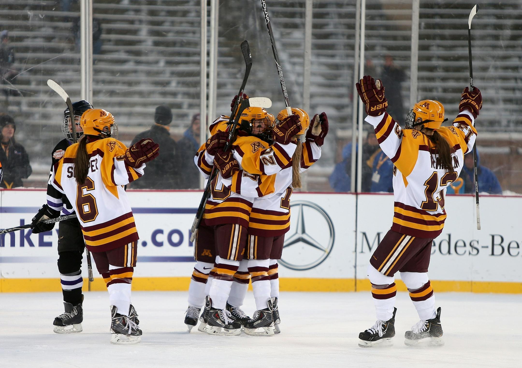 Minnesota celebrated their first goal in a power play.