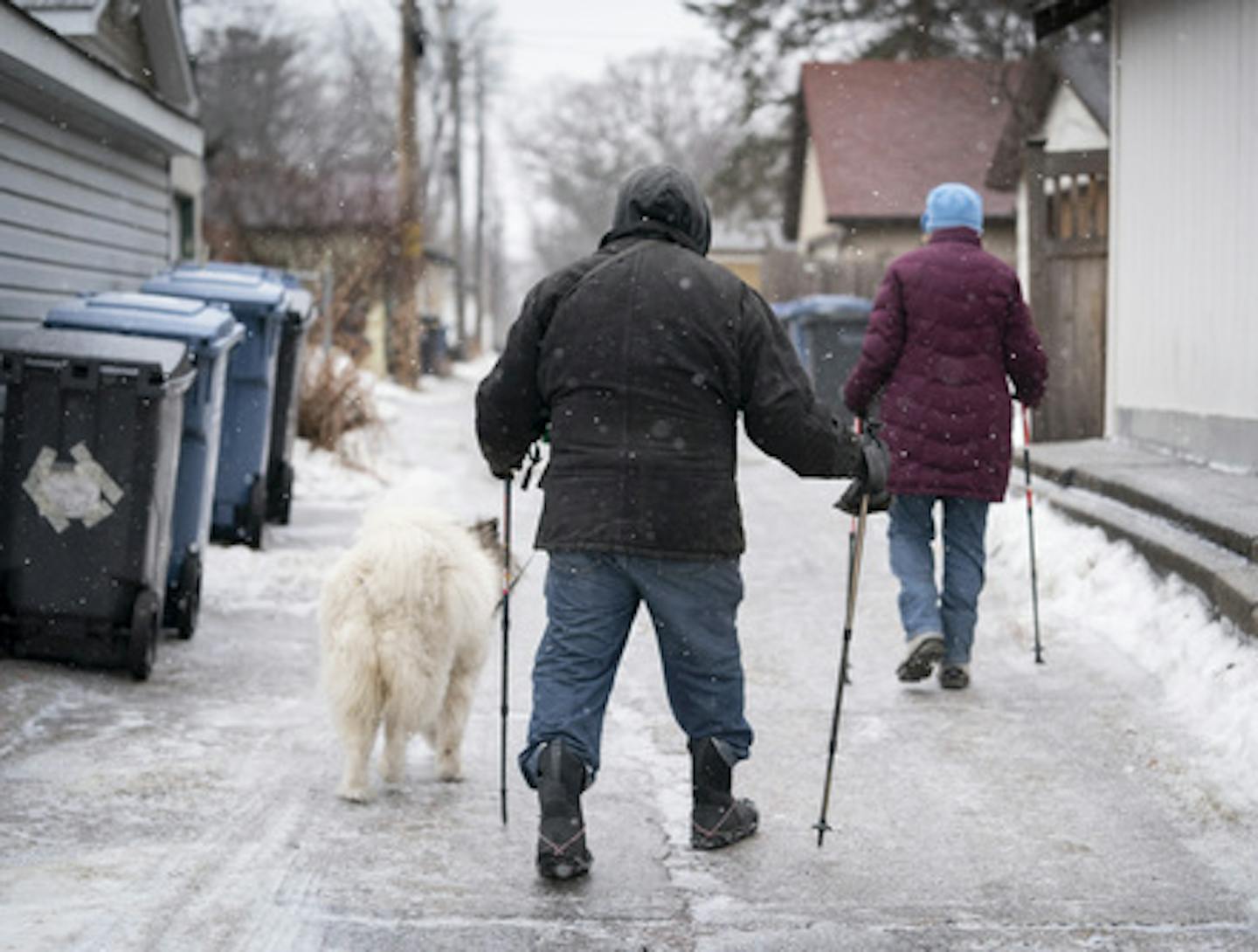 Lee Love and Jean Shannon didn't let the icy roads stop them from taking their dog Momo on their twice daily walk in Minneapolis, Minn., on Monday, February 4, 2019. Love who says he always walks his dog daily, even during typhoons when they lived in Japan, said the secret to his ice walks is spikes on his shoes, ski poles and tight legs while walking. ] RENEE JONES SCHNEIDER &#xa5; renee.jones@startribune.com