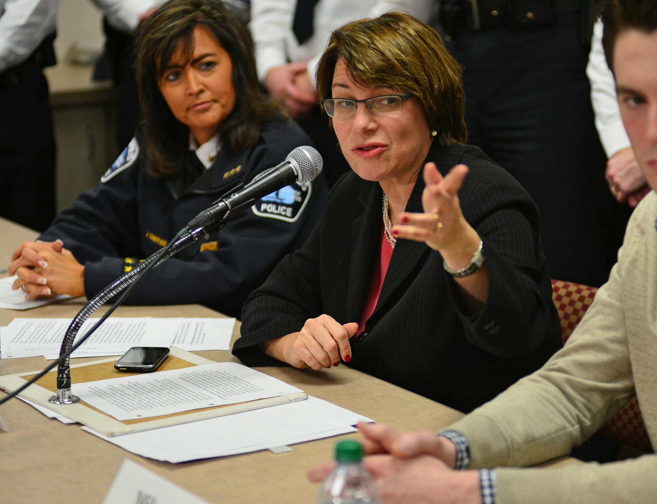U.S. Senator Amy Klobuchar, Minneapolis Chief of Police Janee Harteau, University of Minnesota Police Chief Greg Hestness held a press conference to talk about mandatory kill switch legislation for cell phones in the wake of 25 robberies at the U of M campus. Amy Klobuchar and Janee Harteau, talked about how thieves are stealing phone and personal information. ] Richard.Sennott@startribune.com Richard Sennott/Star Tribune Minneapolis, Minn. Tuesday1/21/2014) ** (cq)