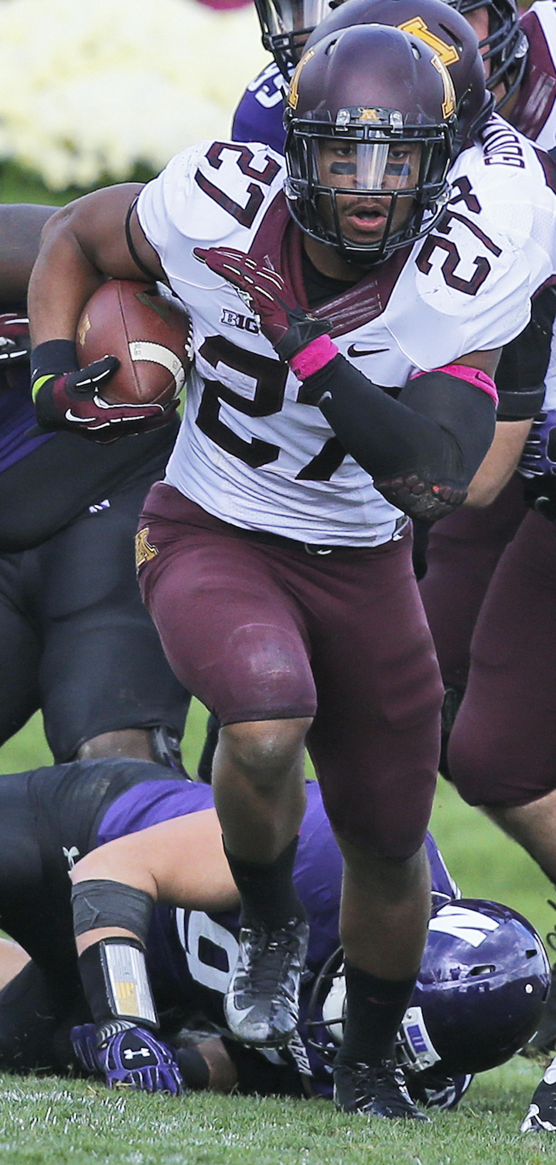 Minnesota Gophers vs. Northwestern Wildcats football. Minnesota won 20-17. Minnesota running bacl David Cobb (27) left Northwesgtern tacklers behind on a carry in 2nd half action. . (MARLIN LEVISON/STARTRIBUNE(mlevison@startribune.com)