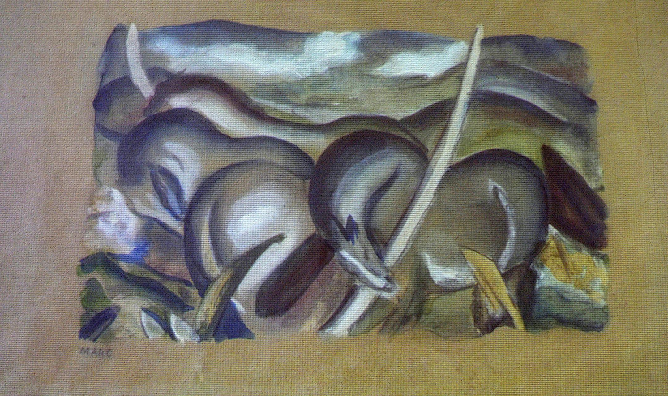 RESTRICTED TO EDITORIAL USE, MANDATORY CREDIT OF THE ARTIST, TO ILLUSTRATE THE EVENT AS SPECIFIED IN THE CAPTION A reproduction of a painting by German painter Franz Marc titled 'Landscape with horses' is seen during a press conference in Augsburg, southern Germany, on November 5, 2013, on the discovery of nearly 1,500 paintings including works by Picasso and Matisse looted by the Nazis. The prosecutors spoke to the press a day after German weekly Focus revealed police came upon the paintings du