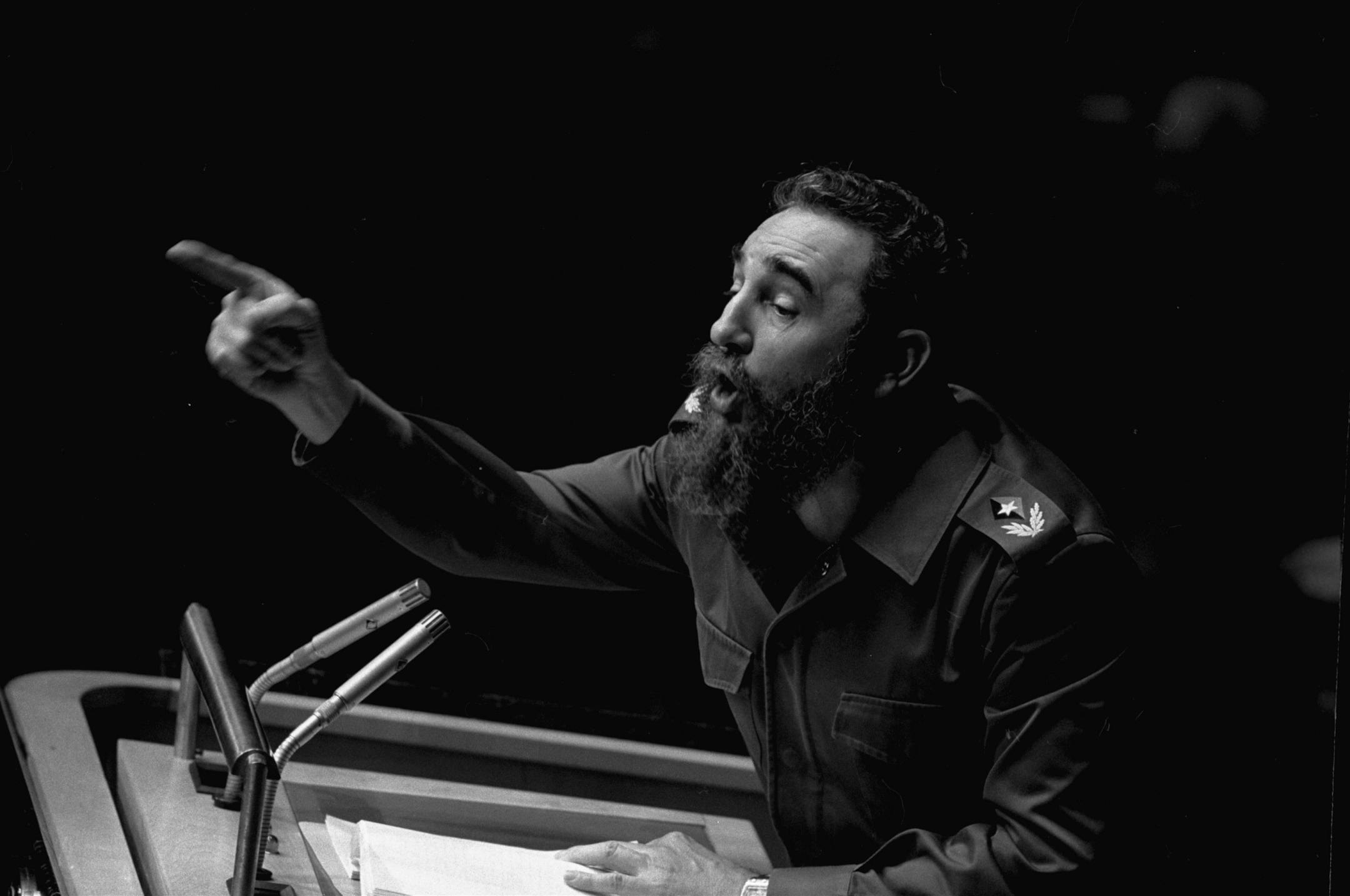 FILE - In this Oct. 12, 1979 file photo, Cuban President, Fidel Castro, points during his lengthy speech before the United Nations General Assembly, in New York. Cuban President Raul Castro has announced the death of his brother Fidel Castro at age 90 on Cuban state media on Friday, Nov. 25, 2016.�