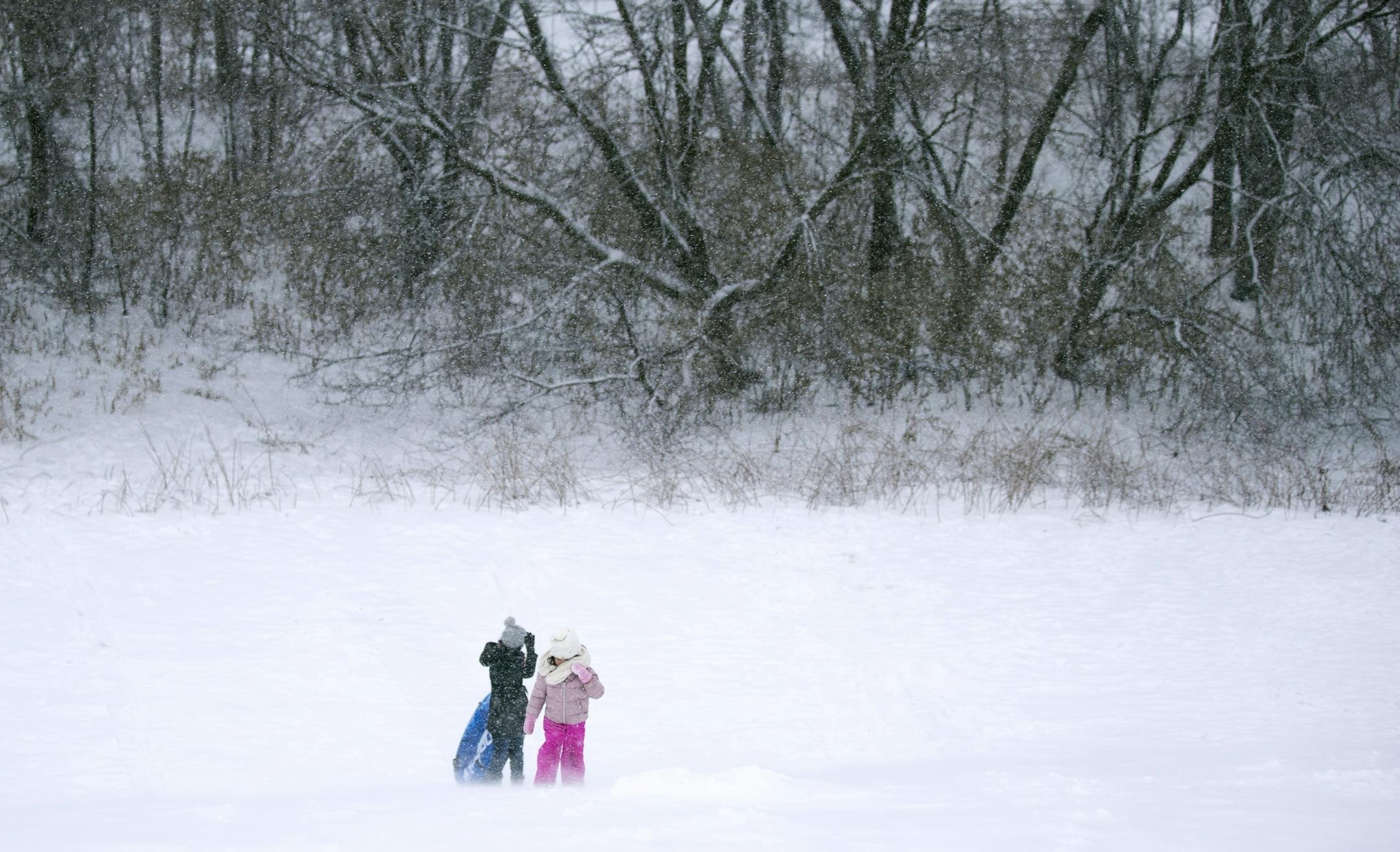 Hana DePriest, 4, walked up the hill as her mom, Tamon DePriest, braced herself from the strong blowing winds while sledding at Central Park in Brooklyn Park on Monday, Dec. 30, 2019.