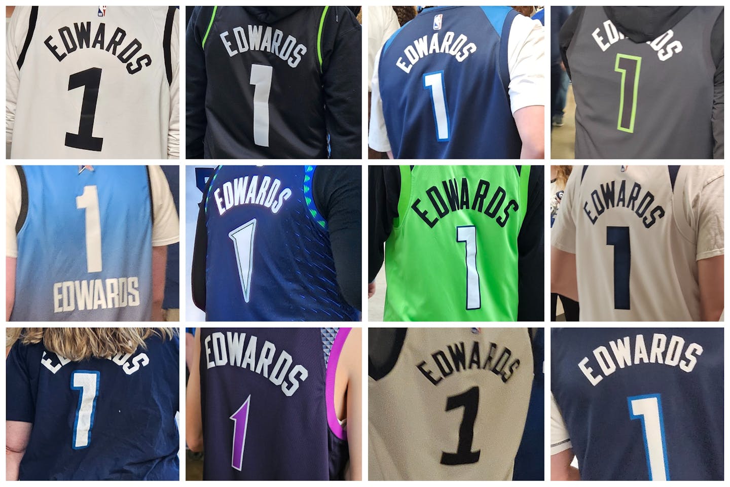 From top left: 2022-23 City, 2020-21 City, 2017-24 Icon, 2022-24 Statement, 2023 Team LeBron All-Star, 2021-22 City, 2017-22 Statement, 2017-24 Association, T-shirt of 2017-24 Icon, 2018-19 City, another 2022-23 City, another 2017-24 Icon.
