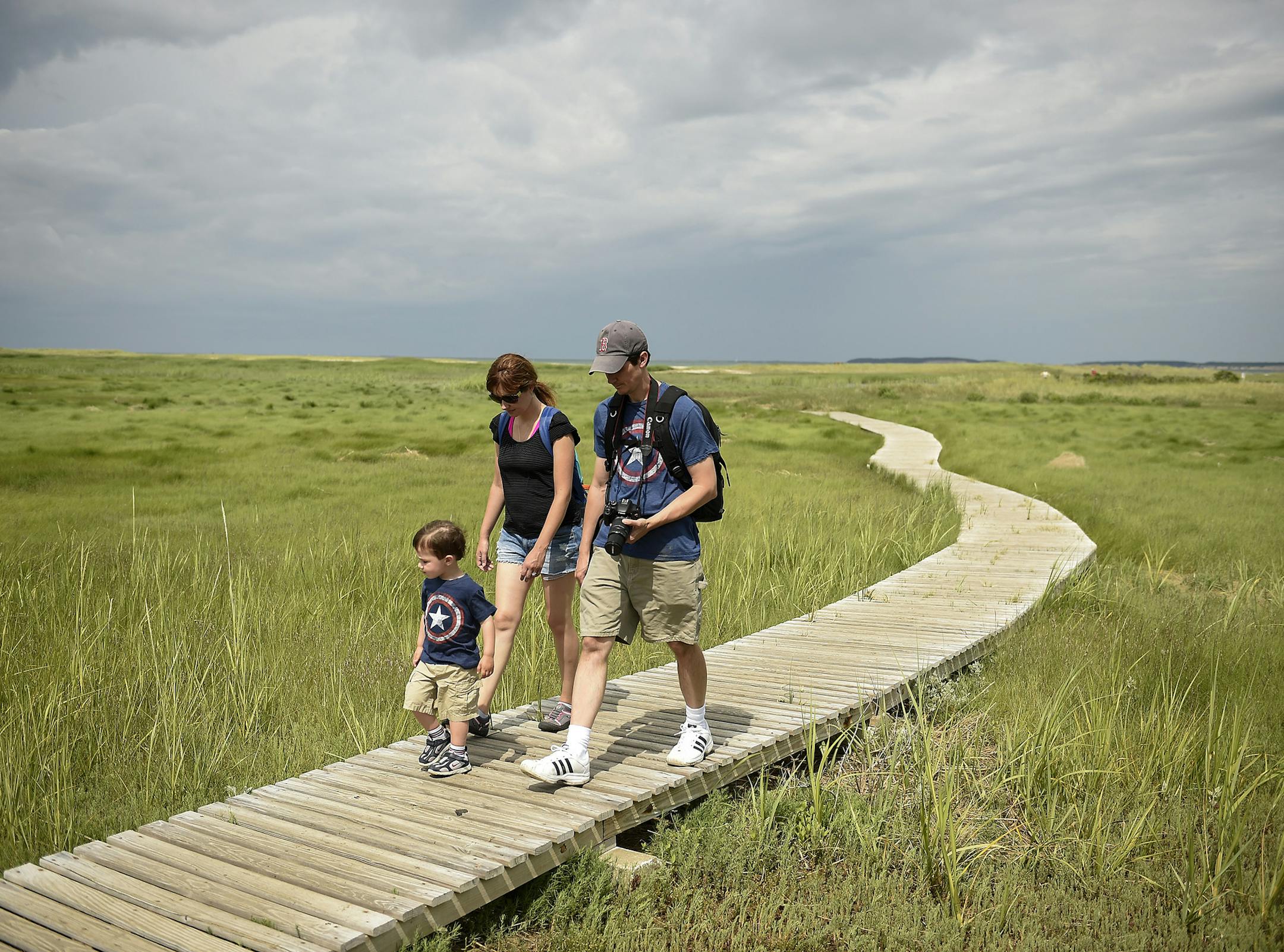 Laura and Jeff Wesley, of Franklin, Mass., walked with their 2½-year-old son, Brendan, along the boardwalk trail at the Wellfleet Bay Wildlife Sanctuary on Cape Cod.