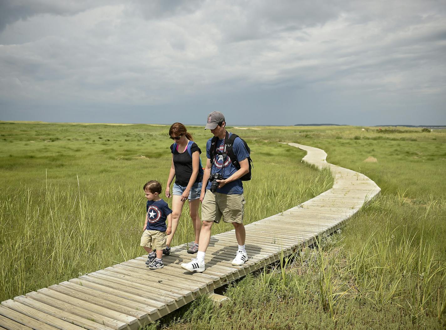 Laura and Jeff Wesley, of Franklin, Mass., walked with their 2&#xbd;-year-old son, Brendan, along the boardwalk trail at the Wellfleet Bay Wildlife Sanctuary on Cape Cod.