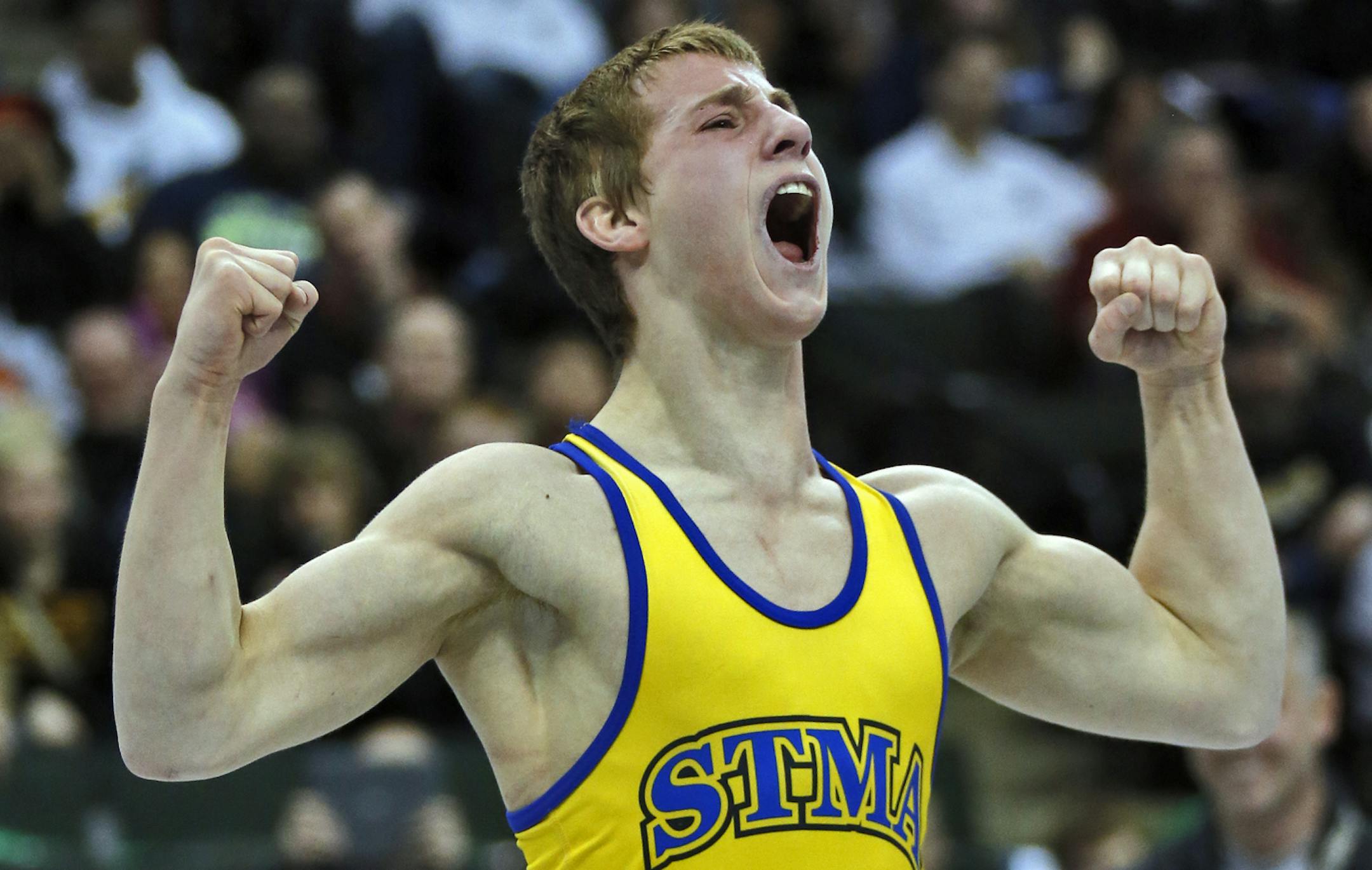 Tommy Thorn of St. Michael-Albertville celebrated his victory in the 3A 126lb championship match. [ Prep State Wrestling Individual Championships (MARLIN LEVISON/STARTRIBUNE(mlevison@startribune.com)