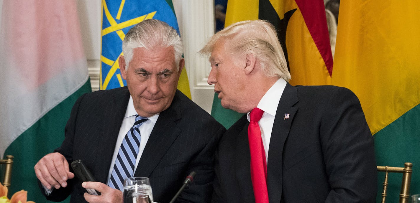 FILE -- President Donald Trump talks with Secretary of State Rex Tillerson at the Palace Hotel in New York, Sept. 20, 2017. Tillerson is scheduled to arrive in Beijing Sept. 30 amid confusing signals about Trump&#x2019;s position on North Korea. (Doug Mills The New York Times) ORG XMIT: MIN2017100515341333