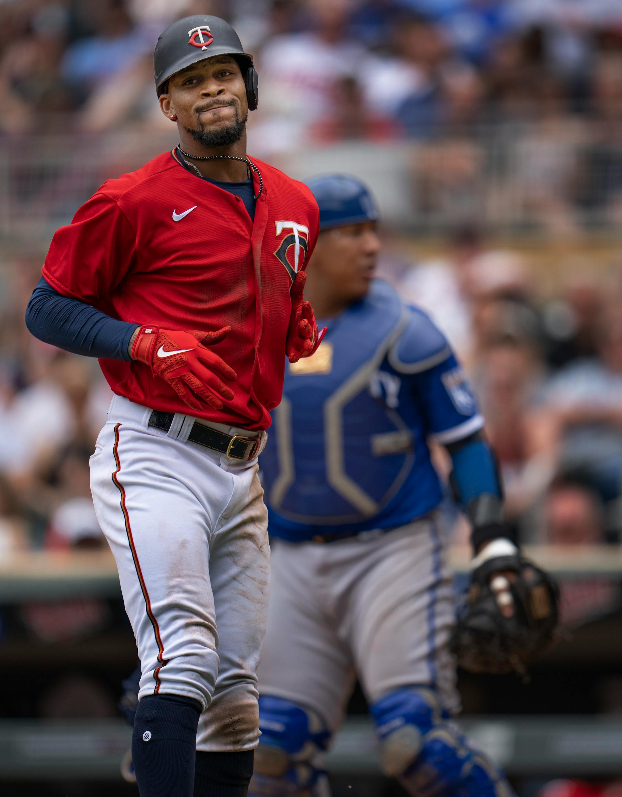 Minnesota Twins center fielder Byron Buxton (25) reacts in the sixth inning after he was hit by a pitch.