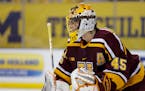 Minnesota's Jack LaFontaine plays during an NCAA hockey game on Wednesday Dec. 8, 2020, in Ann Arbor, Mich. (AP Photo/Al Goldis)