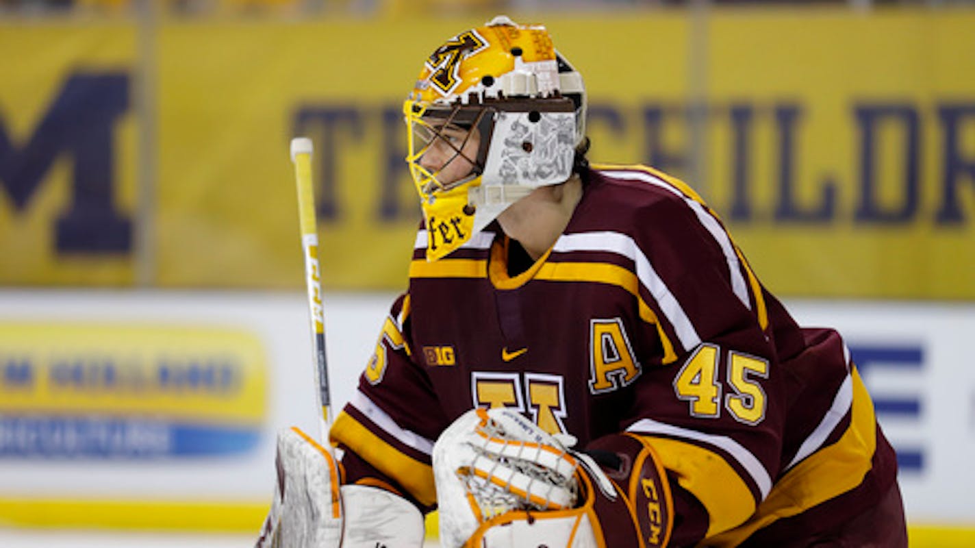 Minnesota's Jack LaFontaine plays during an NCAA hockey game on Wednesday Dec. 8, 2020, in Ann Arbor, Mich. (AP Photo/Al Goldis)