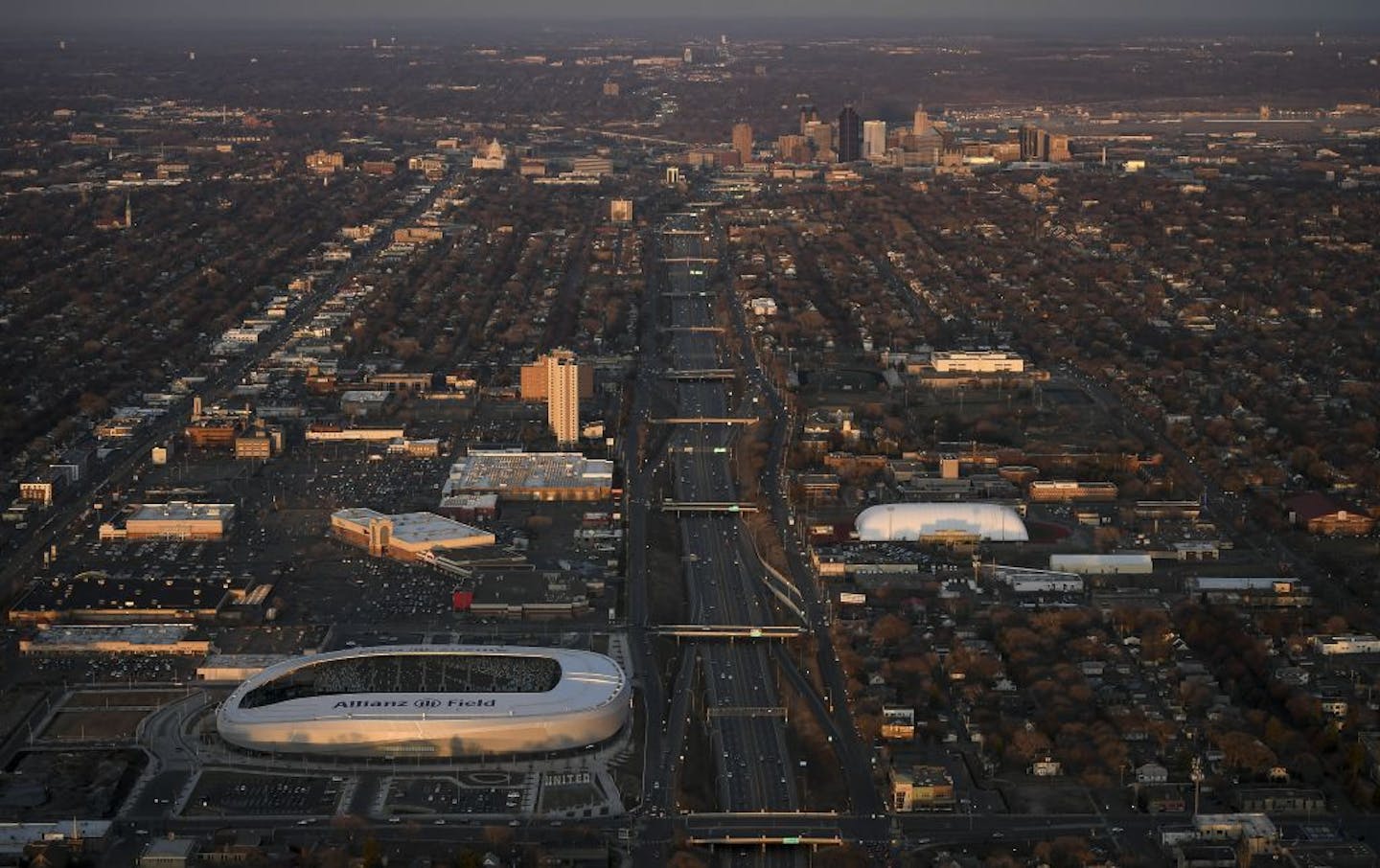 Allianz Field, shown Wednesday, sits amid Interstate 94, University Avenue and the Green Line light rail in St. Paul.