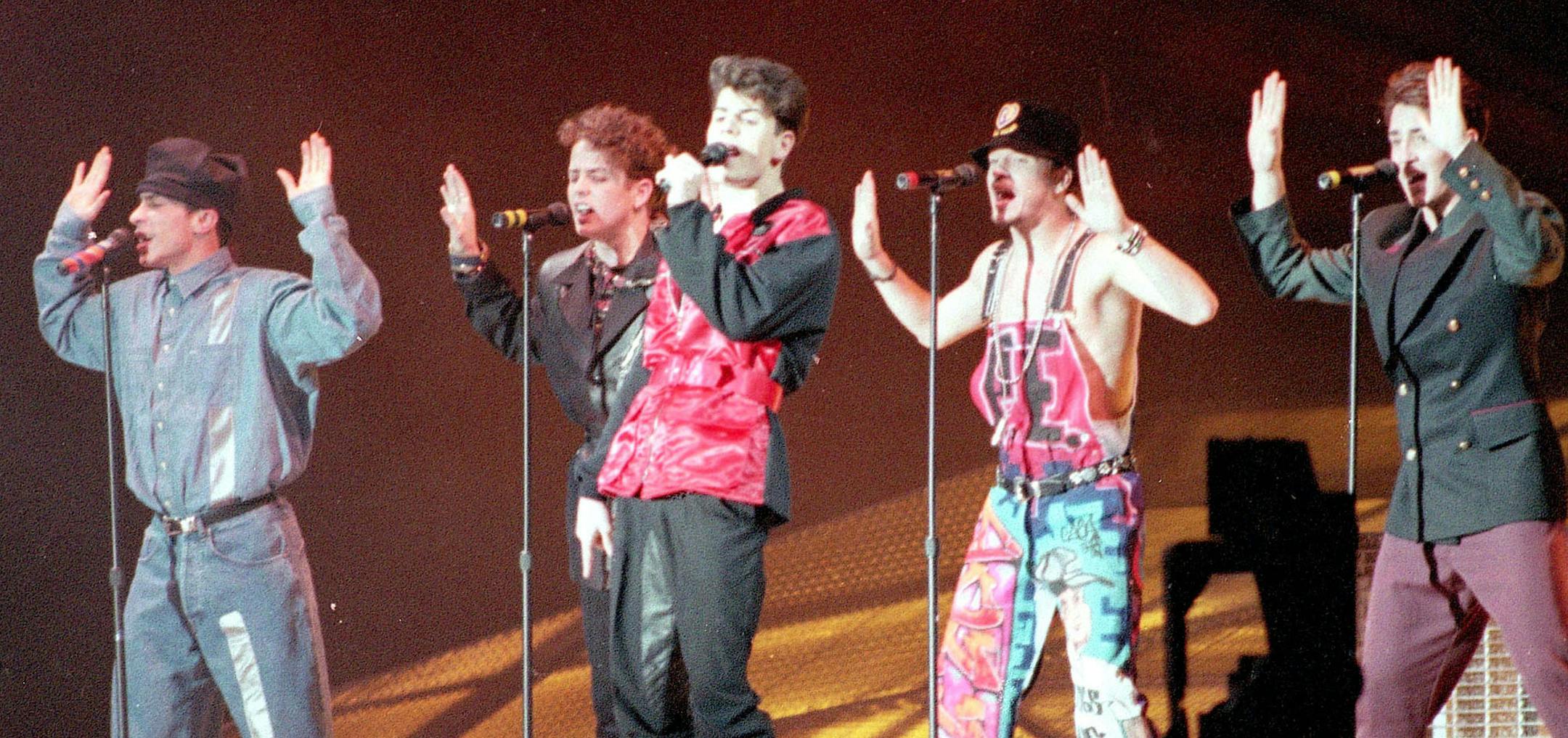 American teen pop group "New Kids on the Block" are performing their hit number " Call It What You Want" as they kick off a world tour at the Tokyo Dome, Japan, on January 31, 1991. (AP Photo/Katsumi Kasahara) ORG XMIT: APHS212