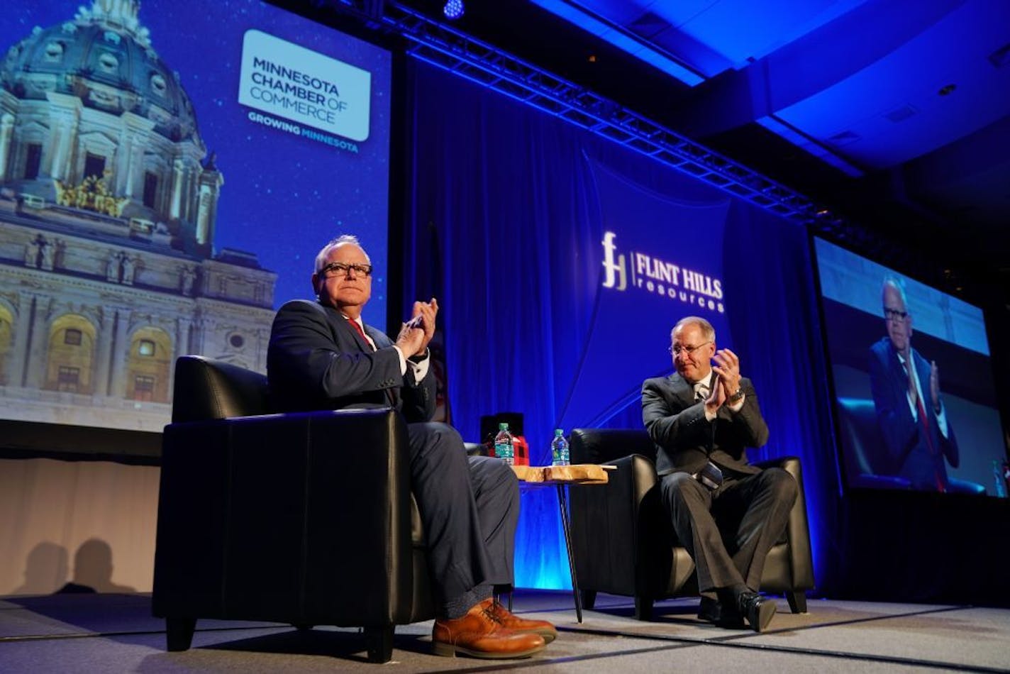 Gov. Tim Walz spoke as he was interviewed by Minnesota Chamber President Doug Loon during the Minnesota Chamber of Commerce's annual policy kickoff event Wednesday.