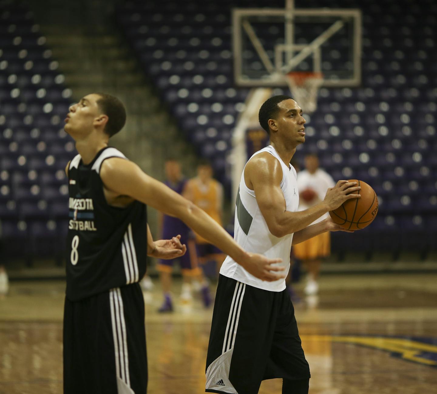 With rookie Zach LaVine at left, Kevin Martin practiced shooting after the Timberwolves workout Tuesday afternoon at Bresnan Arena in Taylor Center in Mankato. ] JEFF WHEELER &#x201a;&#xc4;&#xa2; jeff.wheeler@startribune.com After a midnight scrimmage Monday night, the Minnesota Timberwolves worked out Tuesday afternoon, September 29, 2014 at Bresnan Arena in Taylor Center on the campus of Minnesota State University, Mankato.