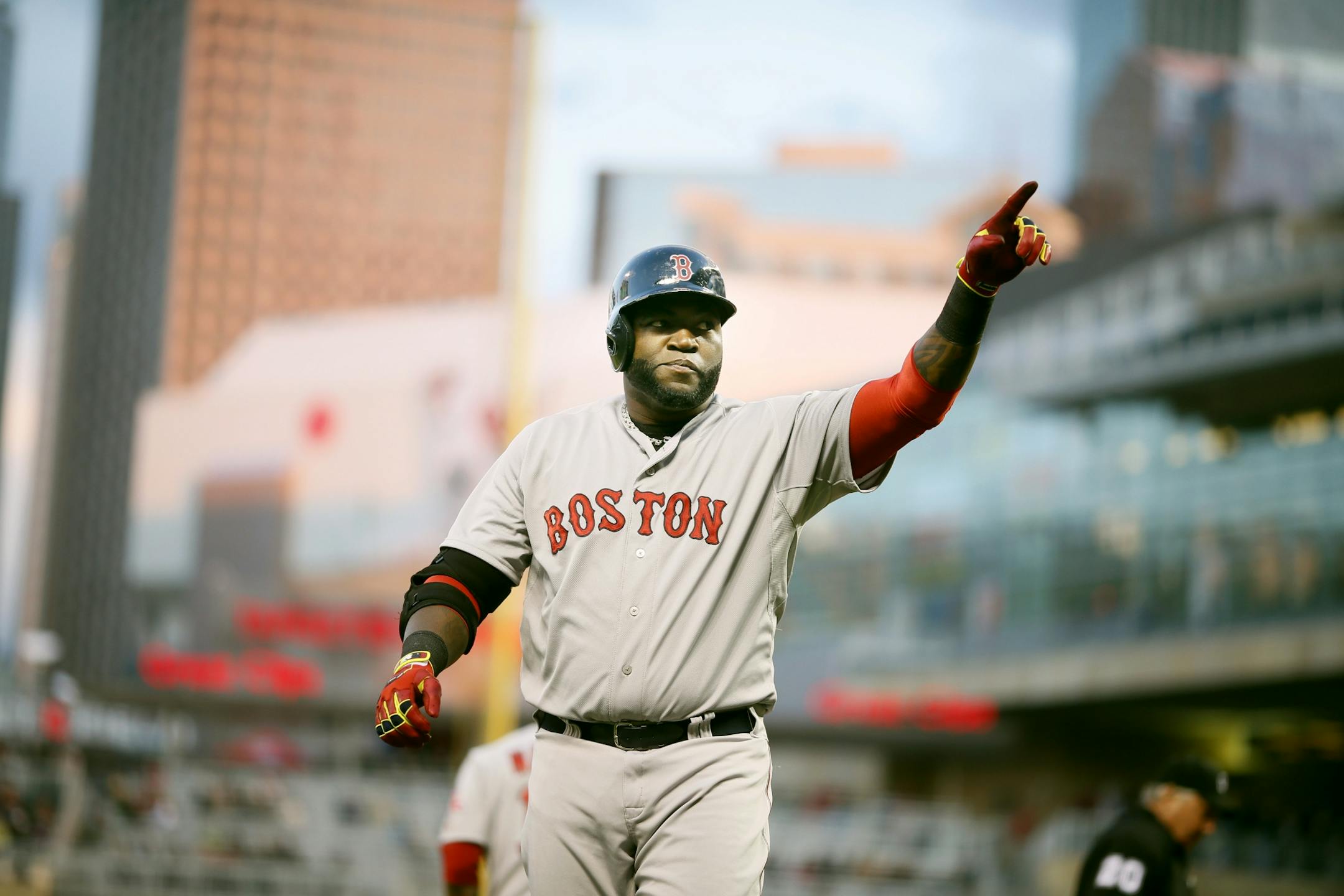 Boston Red Sox designated hitter David Ortiz (34) celebrated his 2nd homer run in the forth inning during night MLB action between the Boston Red Sox and the Minnesota Twins at Target Field Tuesday May 13, 2014 in Minneapolis , MN.