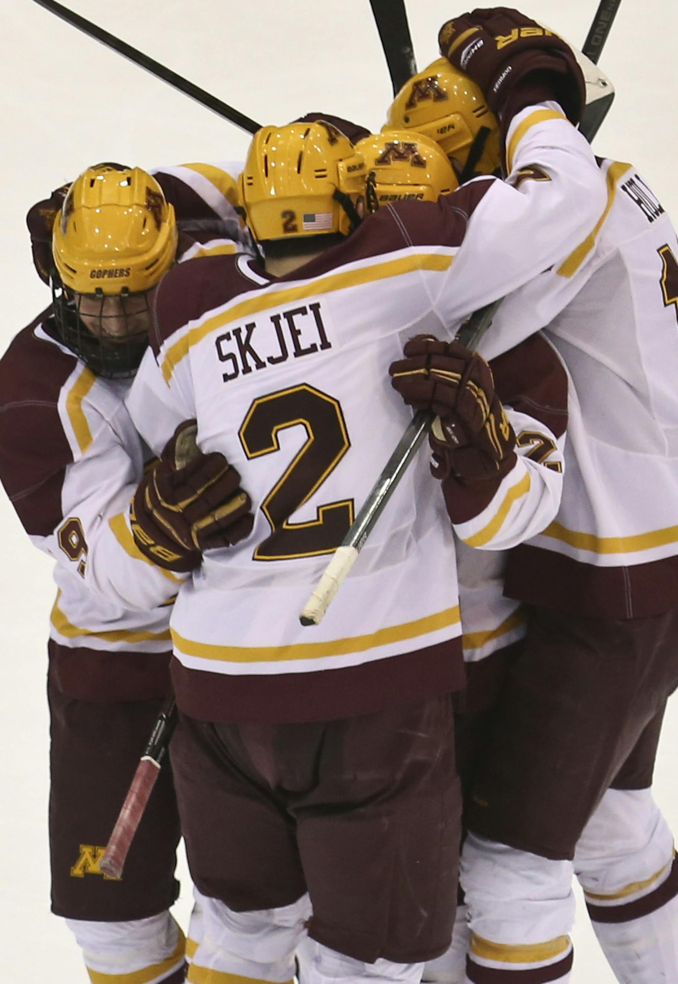 Teammates celebrated with Gabe Guertler after he scored the fifth point for the Gophers and his first of the season during the third period of the Minnesota Gophers men's hockey game vs. Michigan Wolverines on Friday, February 14, 2014 in Minneapolis, Minn. ] (RENEE JONES SCHNEIDER reneejones@startribune.com)