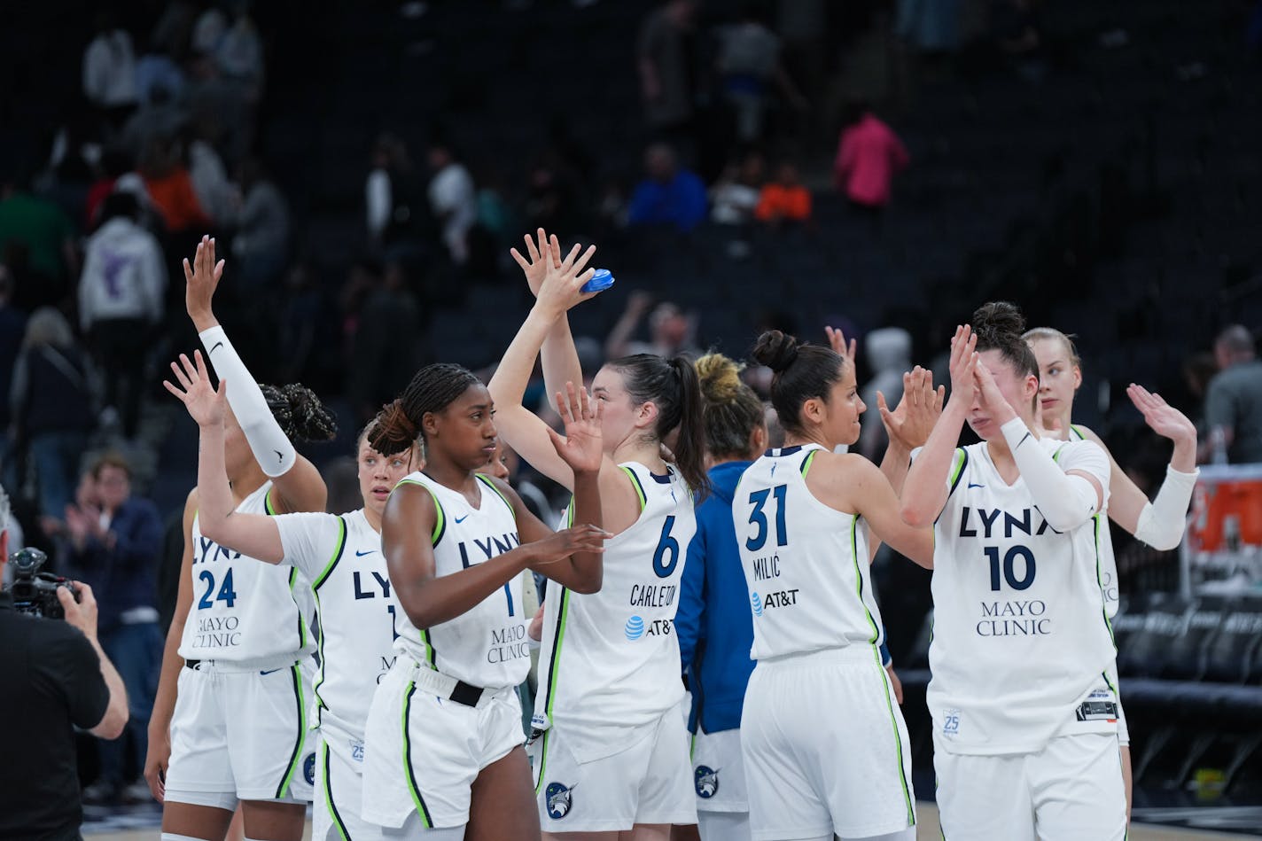 Lynx players looked exhausted as they waved to fans after losing the game Friday, May 19, 2023 Minneapolis, Minn. Chicago Sky at Lynx, 7 p.m. Season home-opener for Lynx. ] GLEN STUBBE • glen.stubbe@startribune.com