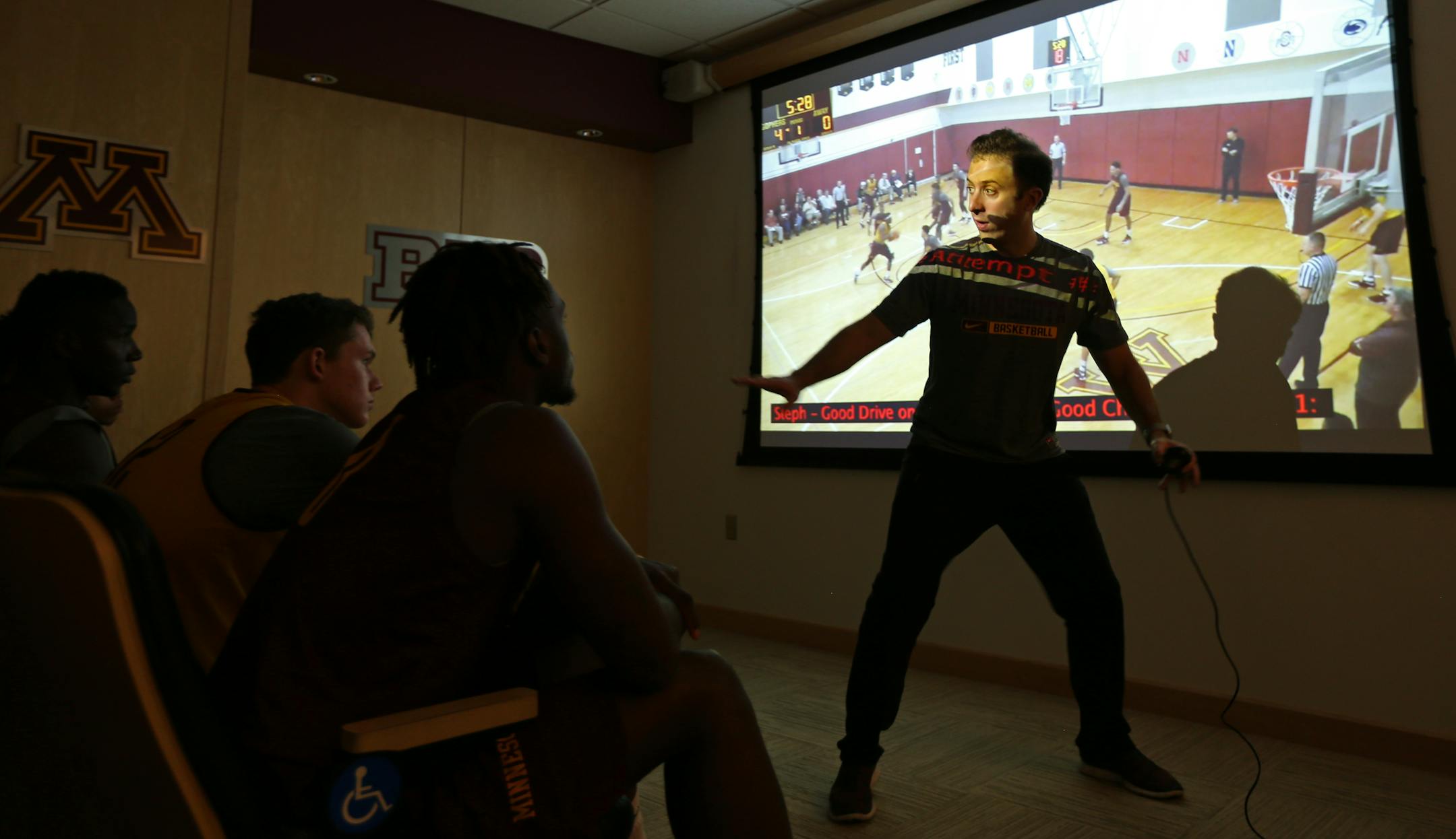 Richard Pitino demonstrated what he's looking for from his team while showing film from their scrimmage on October 15, 2016.