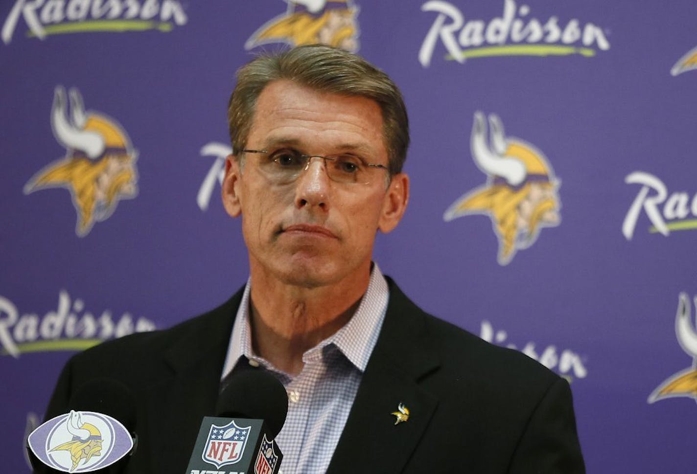 Vikings general manger Rick Spielman talked with reporters about the decision to play Adrain Peterson Sunday at New Orleans Monday September 15 , 2014 in Eden Prairie ,MN.