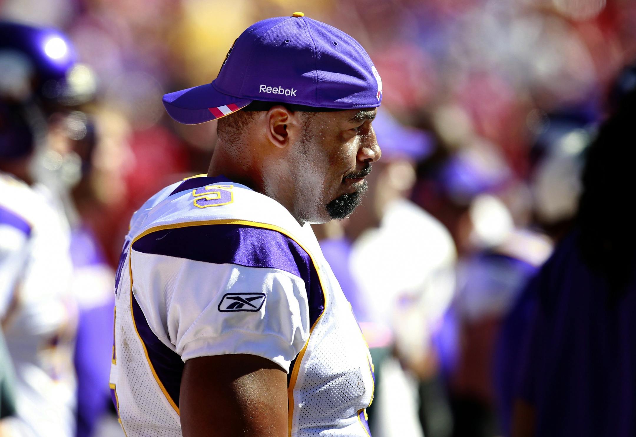 Minnesota Vikings quarterback Donovan McNabb (5) could only watch from the sidelines as the final second expired at the end of the game. Kansas City beat Minnesota by a final score of 22-17.