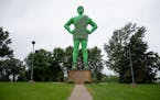 The "Jolly" Green Giant statue stands 55.5 feet tall in Blue Earth, MN. It was erected in 1979 as 90E and 90W met and were joined in Blue Earth. The t