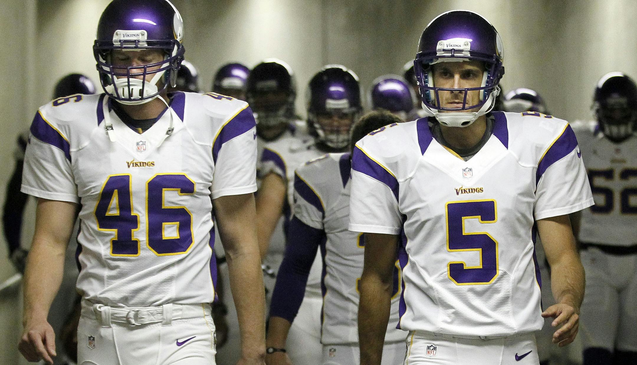 Long snapper Cullen Loeffler (46) joined the Vikings as an undrafted free agent in 2004. Punter Chris Kluwe (5) was picked up the following year, and the two have been friends and teammates ever since.