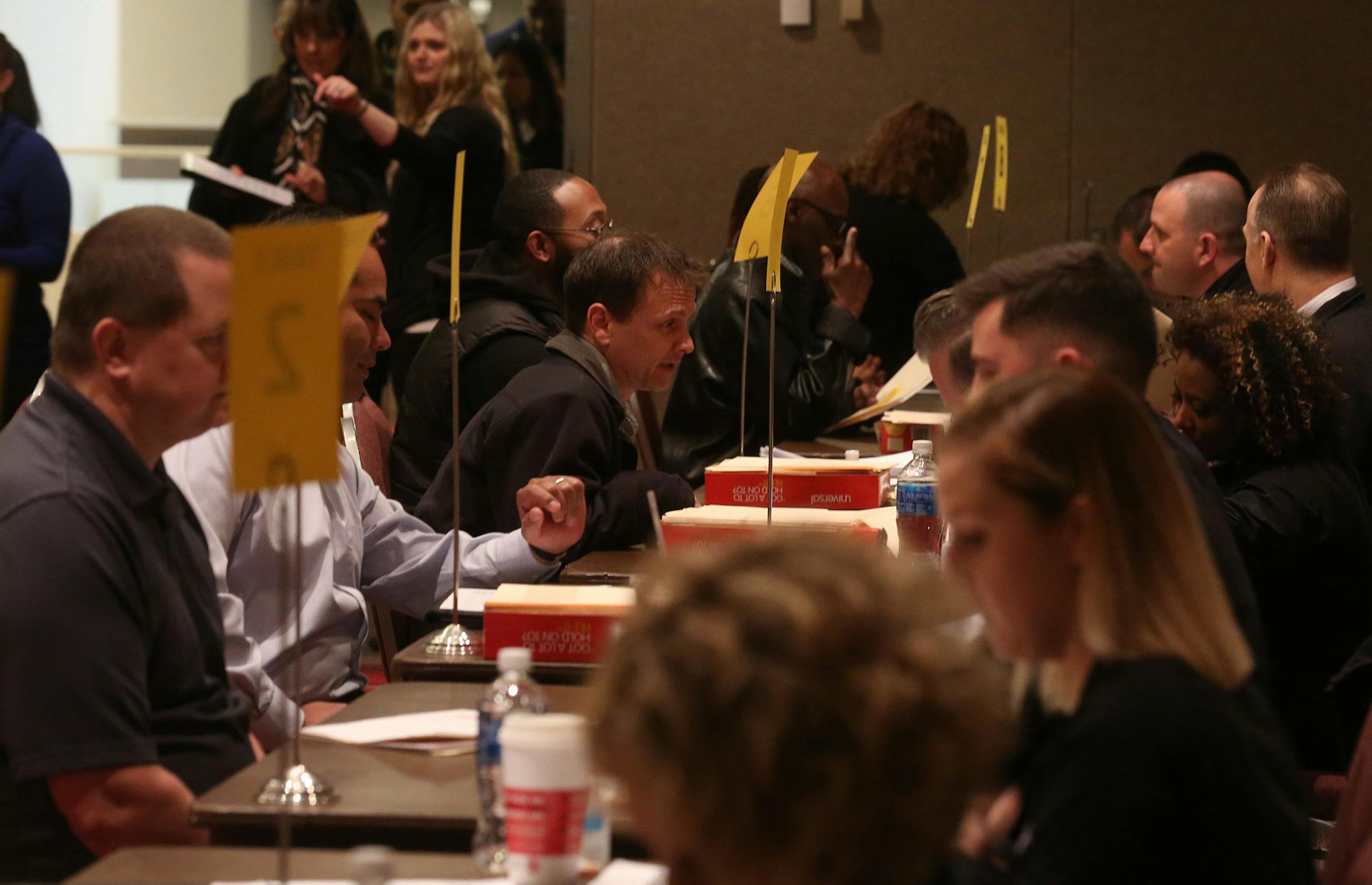 Many people were interviewed at once during a streamlined process. ] JIM GEHRZ ï james.gehrz@startribune.com / Minneapolis, MN / April 27, 2016 /9:00 AM ñ BACKGROUND INFORMATION: People came to a hiring fair at the Minneapolis Convention Center Tuesday for a chance to land one of the more than 2,500 jobs available at U.S. Bank Stadium. The first job fair opens at 9 a.m. for the new U.S. Bank Stadium. They are looking to fill 2,500 jobs. The event is at the Minneapolis Convention Center