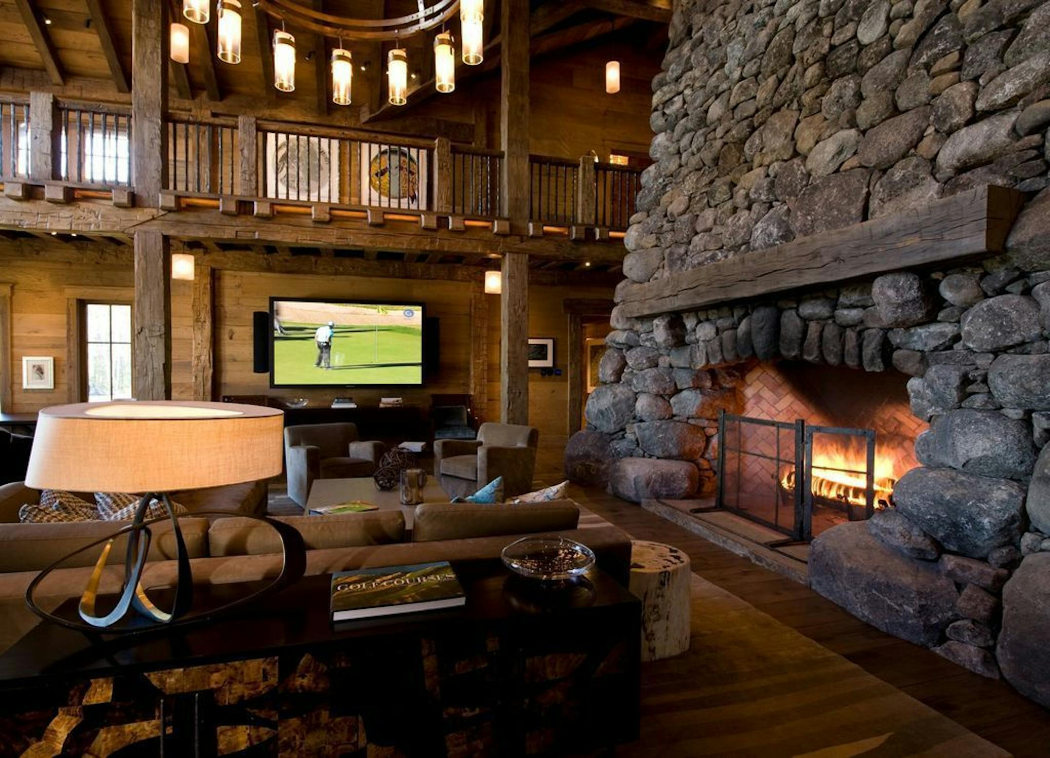 The massive fireplace.