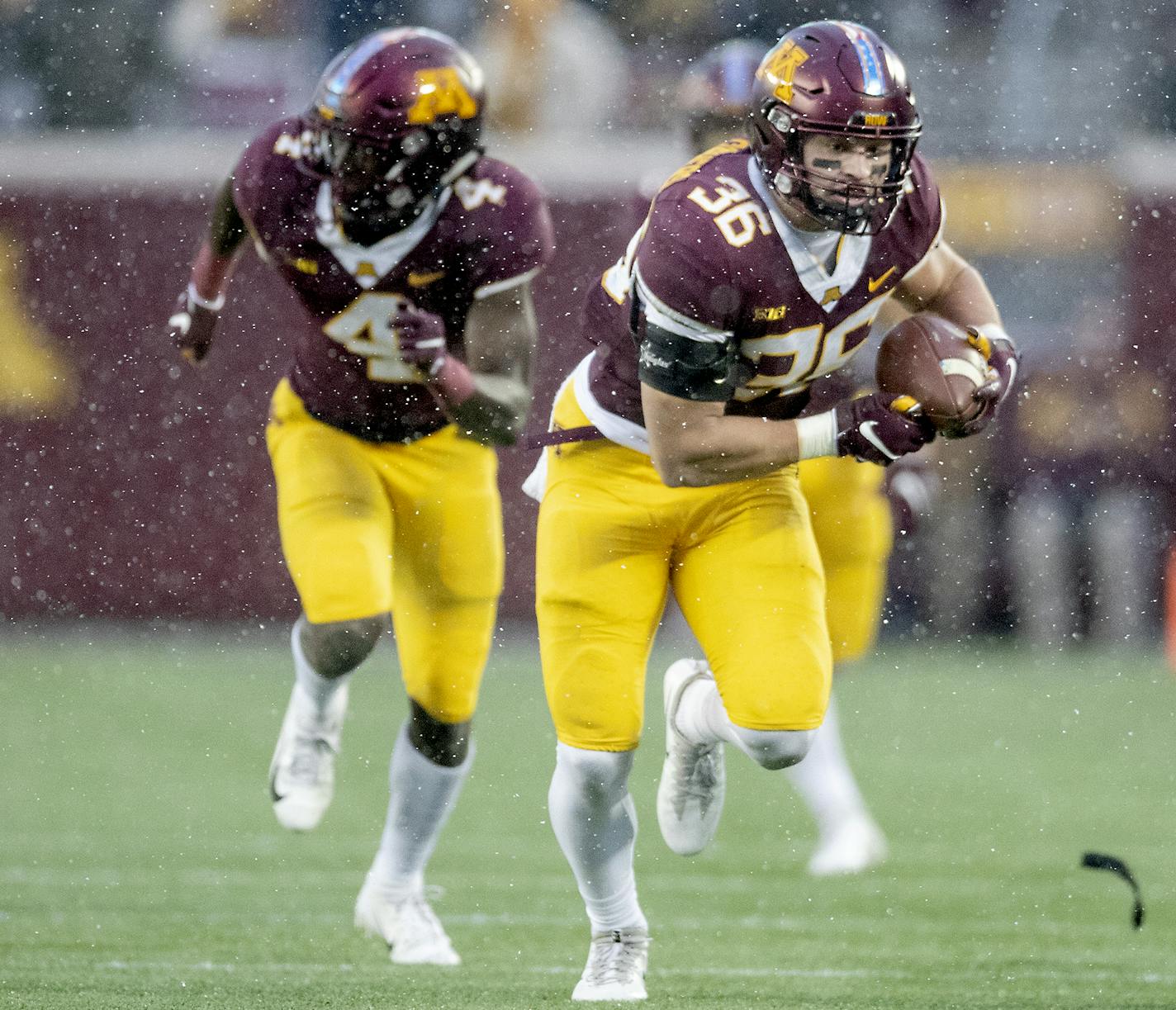 Gophers linebacker Blake Cashman recovered a fumble and ran 40 yards for a touchdown against Purdue at TCF Bank Stadium last Saturday. Cashman also had a team-high nine tackles.